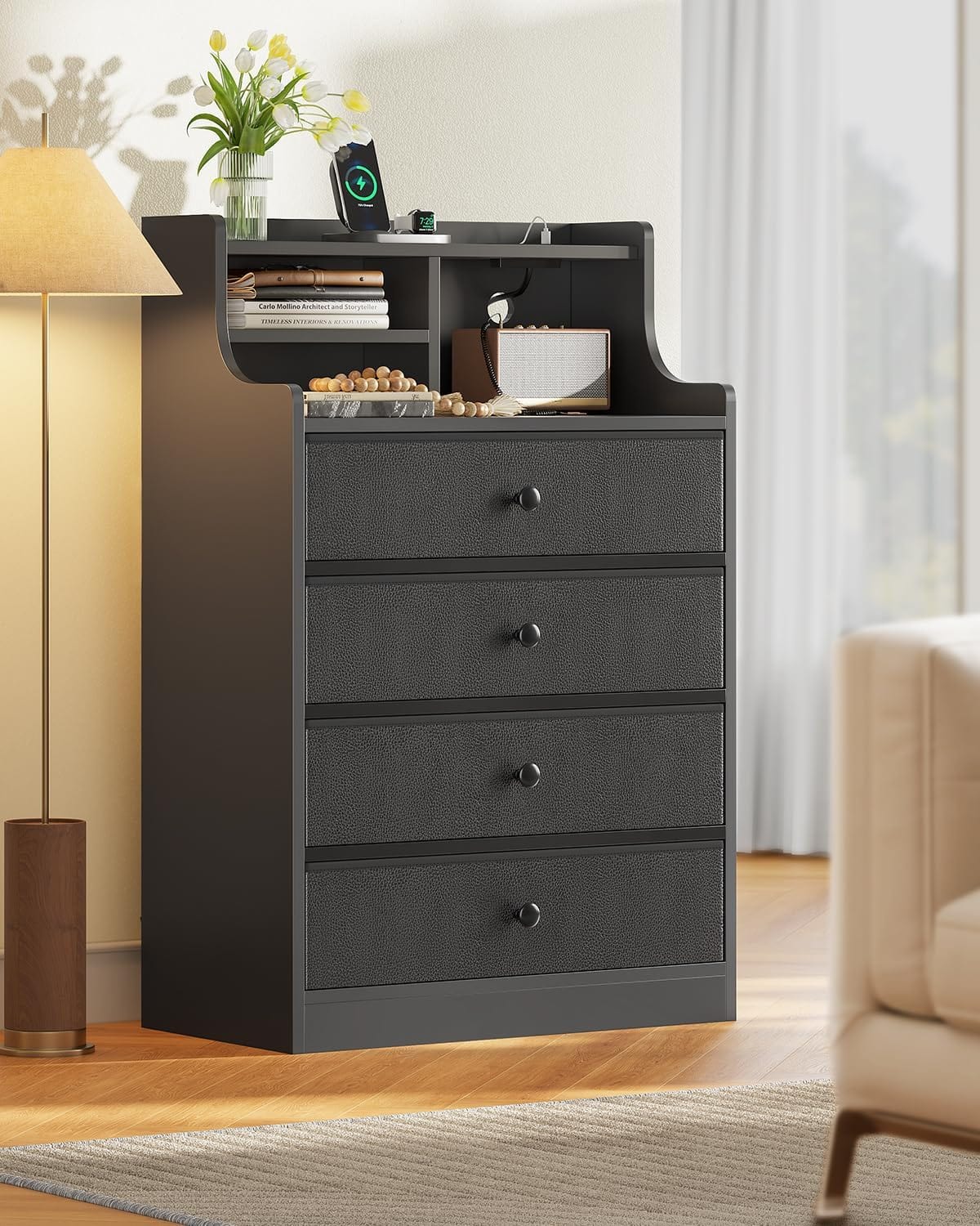 HAUOMS Dresser Tall Dresser with 4 Drawers Black
