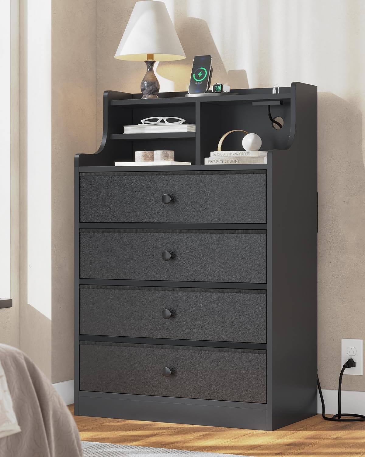 HAUOMS Dresser Tall Dresser with 4 Drawers Black