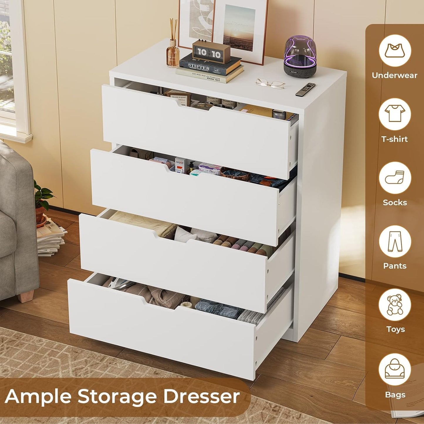 HAUOMS Dresser White 4 Drawers Dresser White