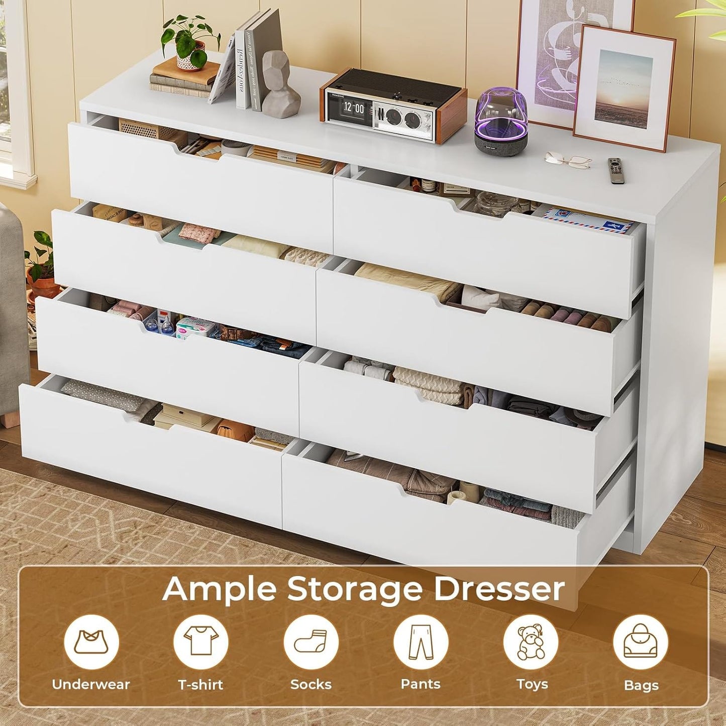 HAUOMS Dresser White 8 Drawers Dresser White