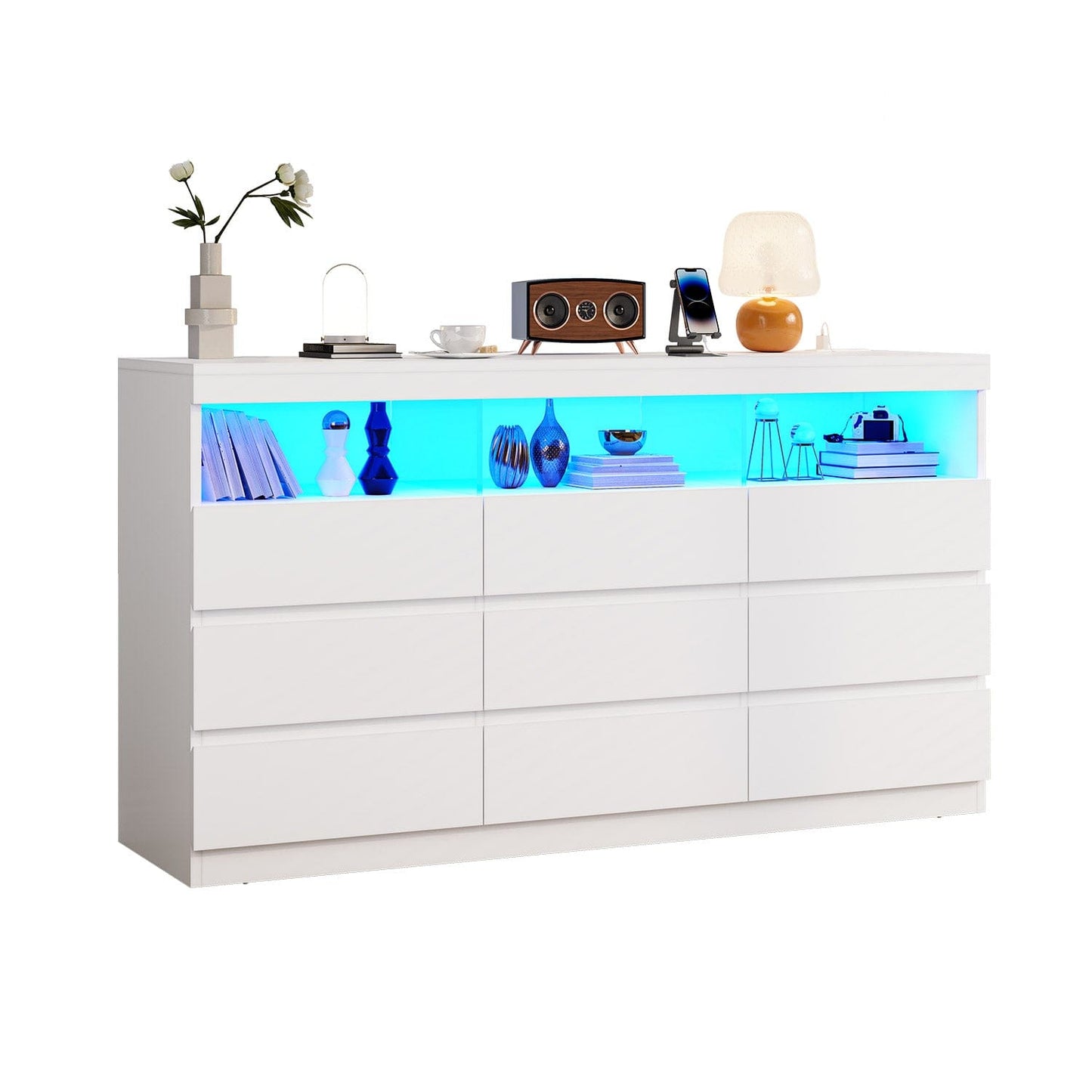 HAUOMS Dresser White / Engineered Wood / Modern LED 9 Drawers Dresser White