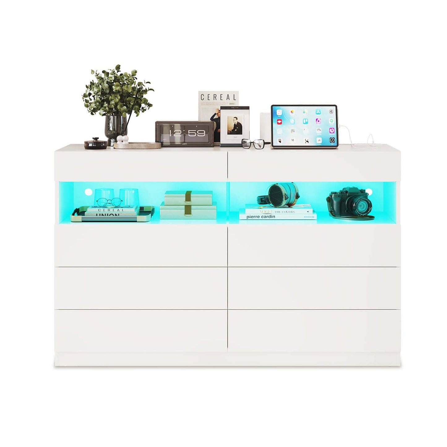 HAUOMS Dresser White / Engineered Wood / Modern LED Dresser 6 Drawers White