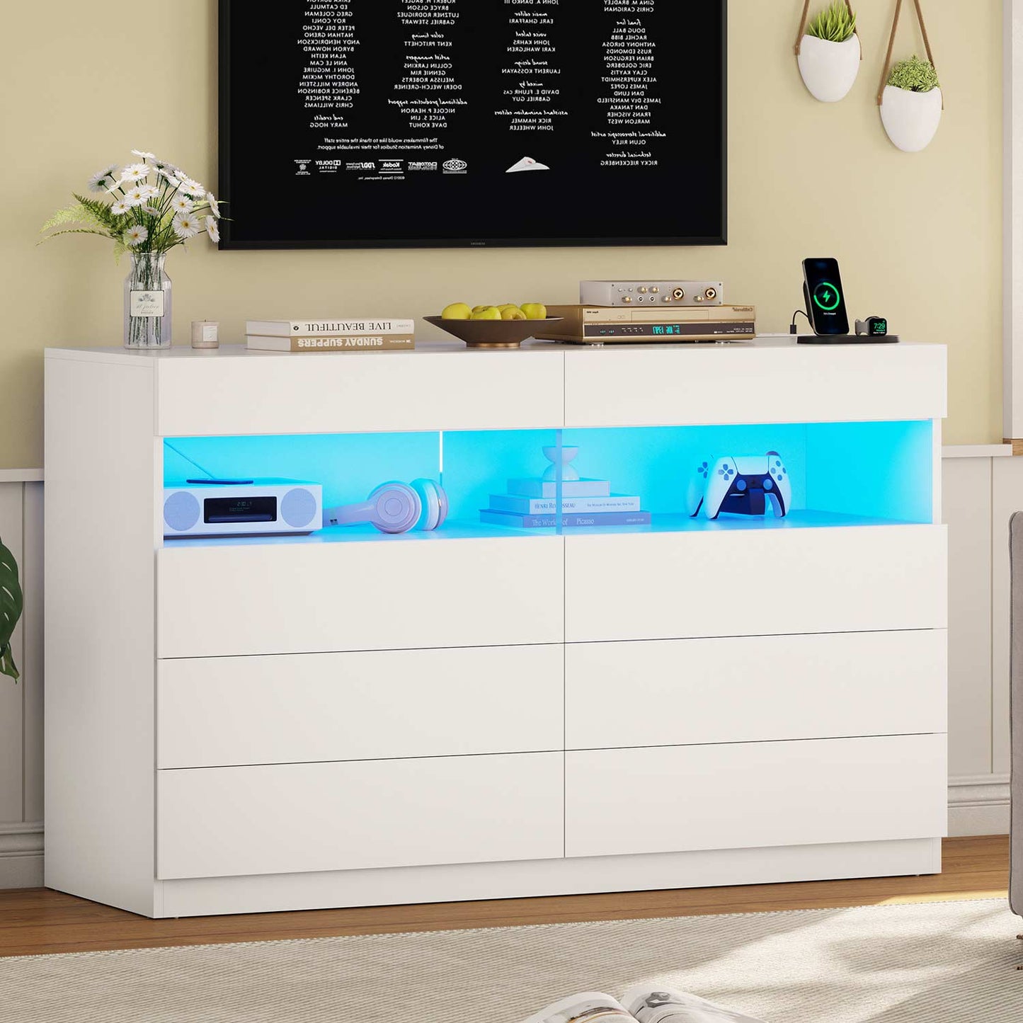 Hauoms Dresser White / Engineered Wood / Modern LED Dresser 6 Drawers White