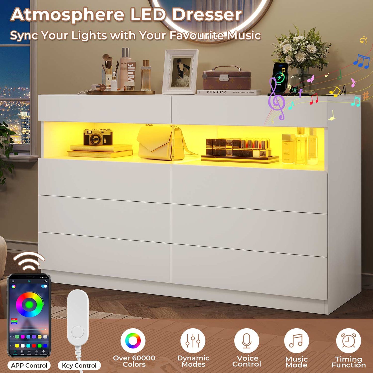 Hauoms Dresser White / Engineered Wood / Modern LED Dresser 6 Drawers White