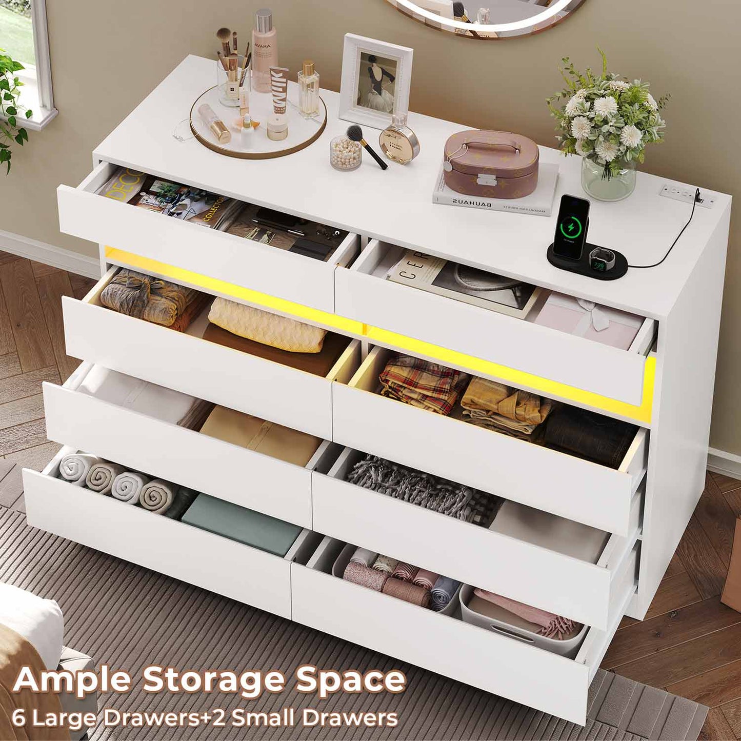 Hauoms Dresser White / Engineered Wood / Modern LED Dresser 6 Drawers White
