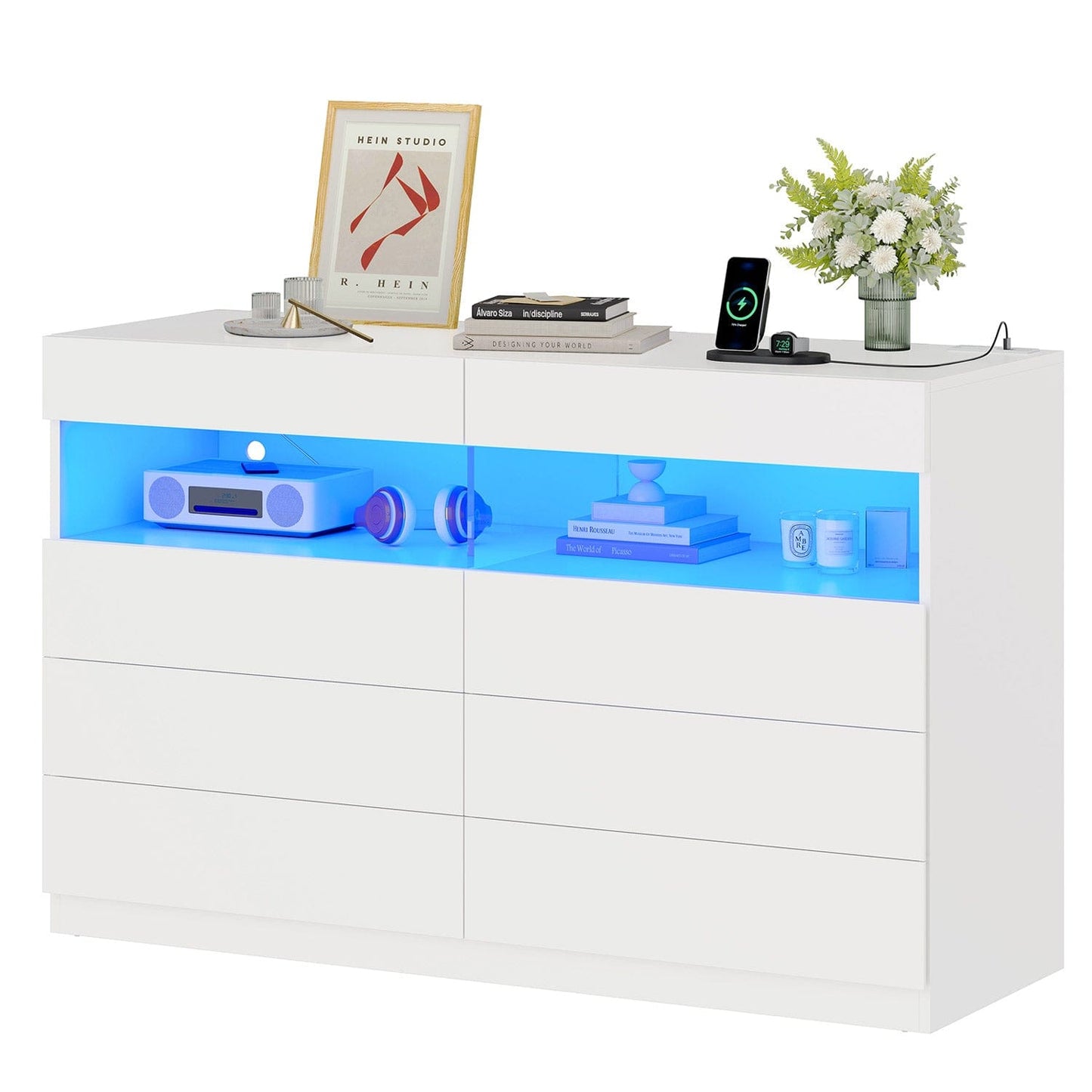 Hauoms Dresser White / Engineered Wood / Modern LED Dresser 6 Drawers White