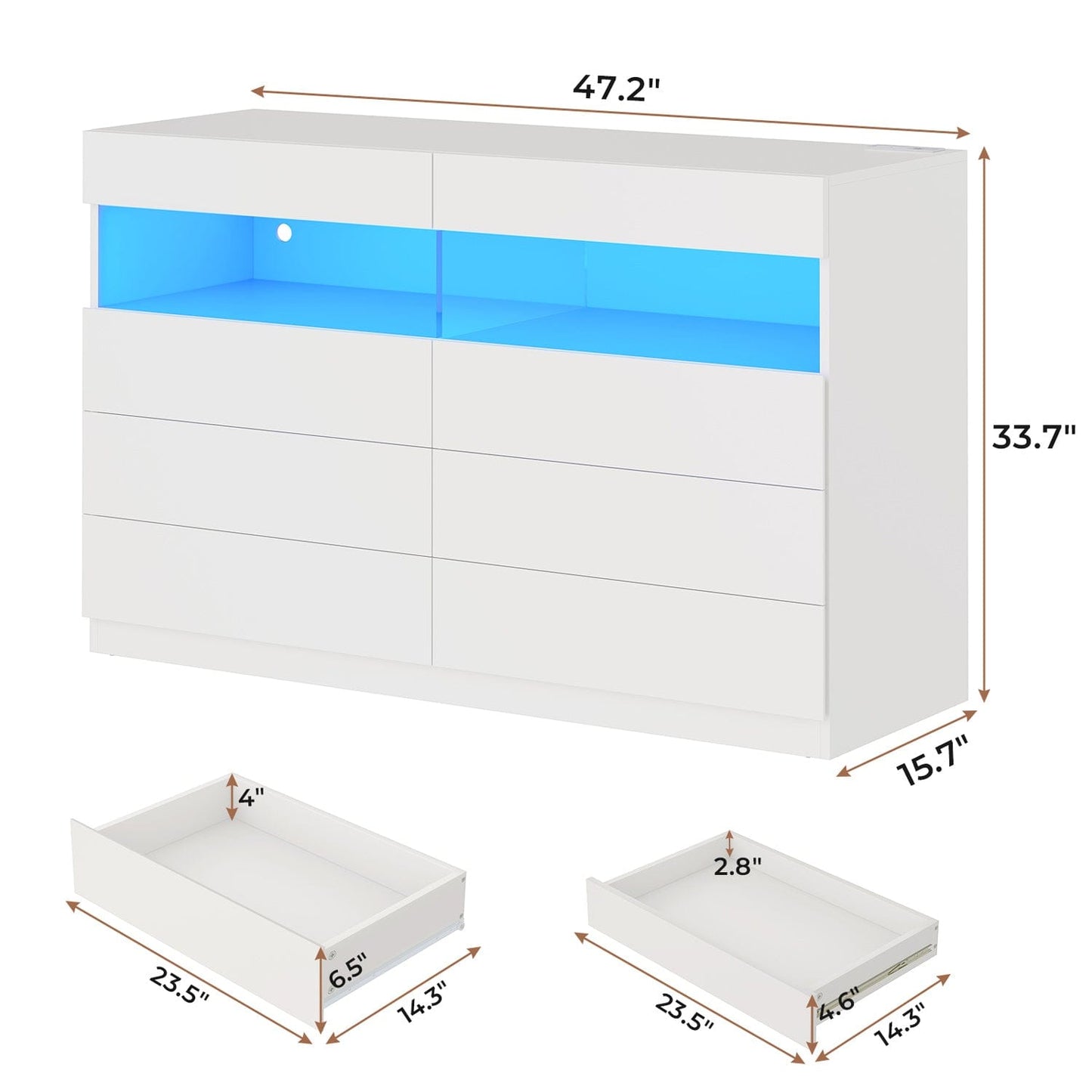 Hauoms Dresser White / Engineered Wood / Modern LED Dresser 6 Drawers White