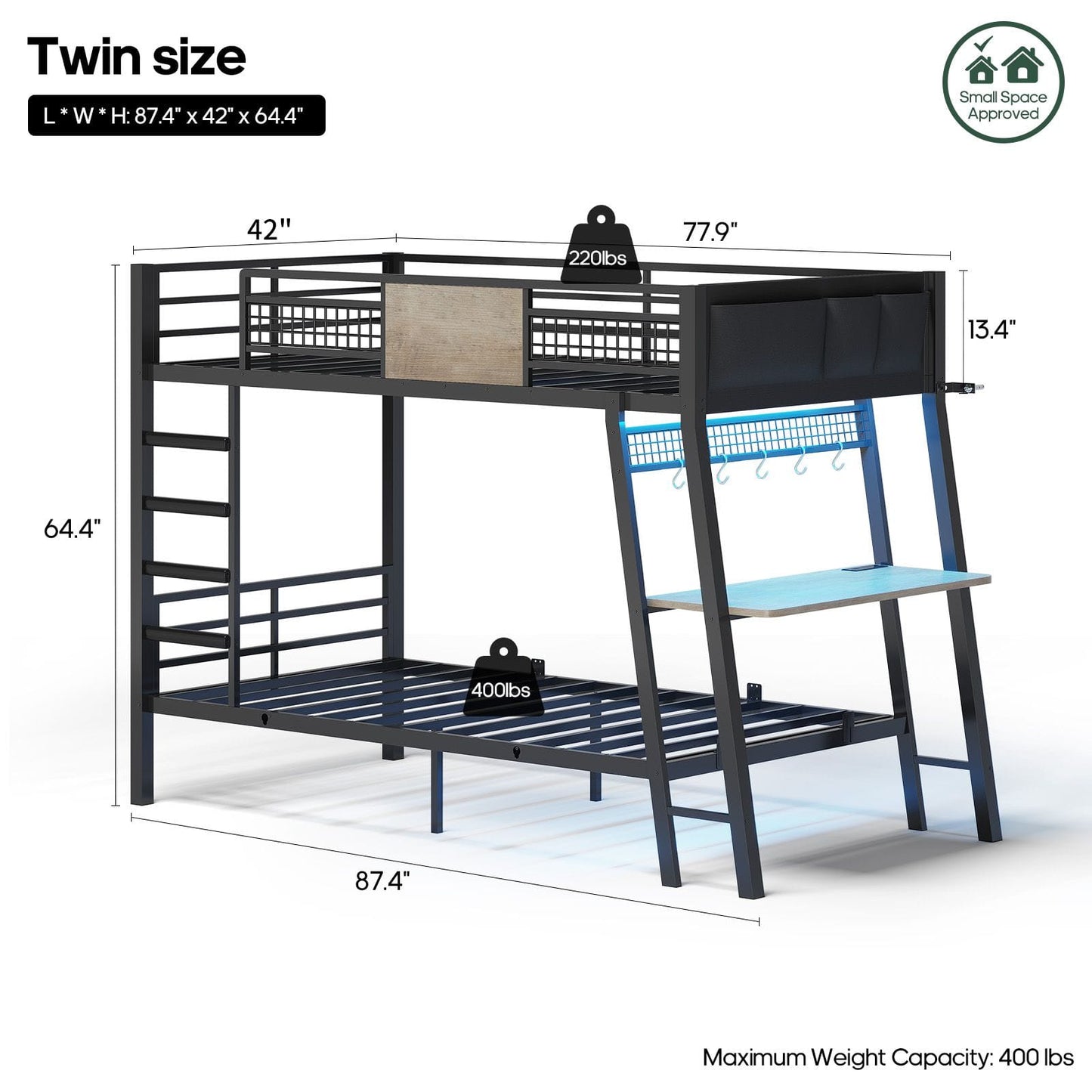 HAUOMS HAUOMS Twin Bunk Beds with Desk RGB LED Lights Power Outlets Underneath Storage Metal Beds with Safety Guardrail and Ladders No Box Spring Needed