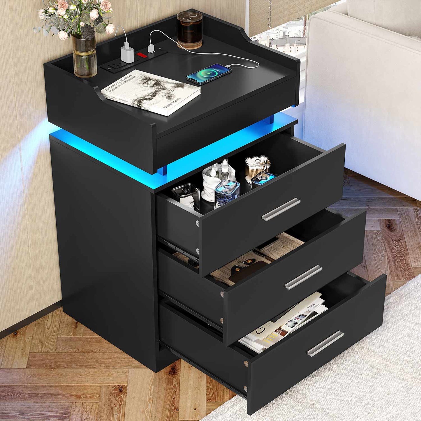 Hauoms Nightstand Black / Engineered Wood / Modern LED Nightstand with Charging Station Black