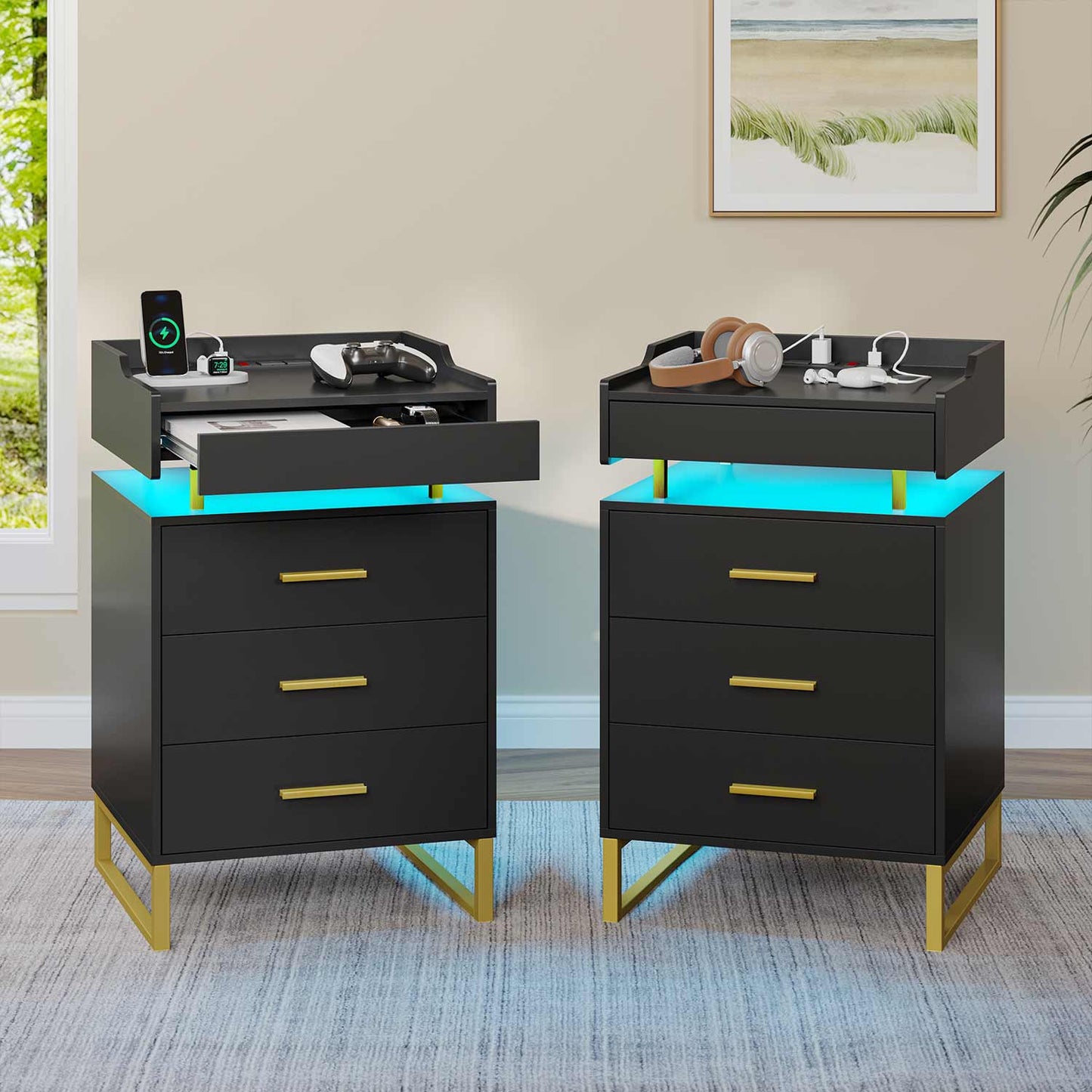 Hauoms Nightstand Black / Engineered Wood / Modern LED Nightstand with Pull-Out Tray Black and Gold