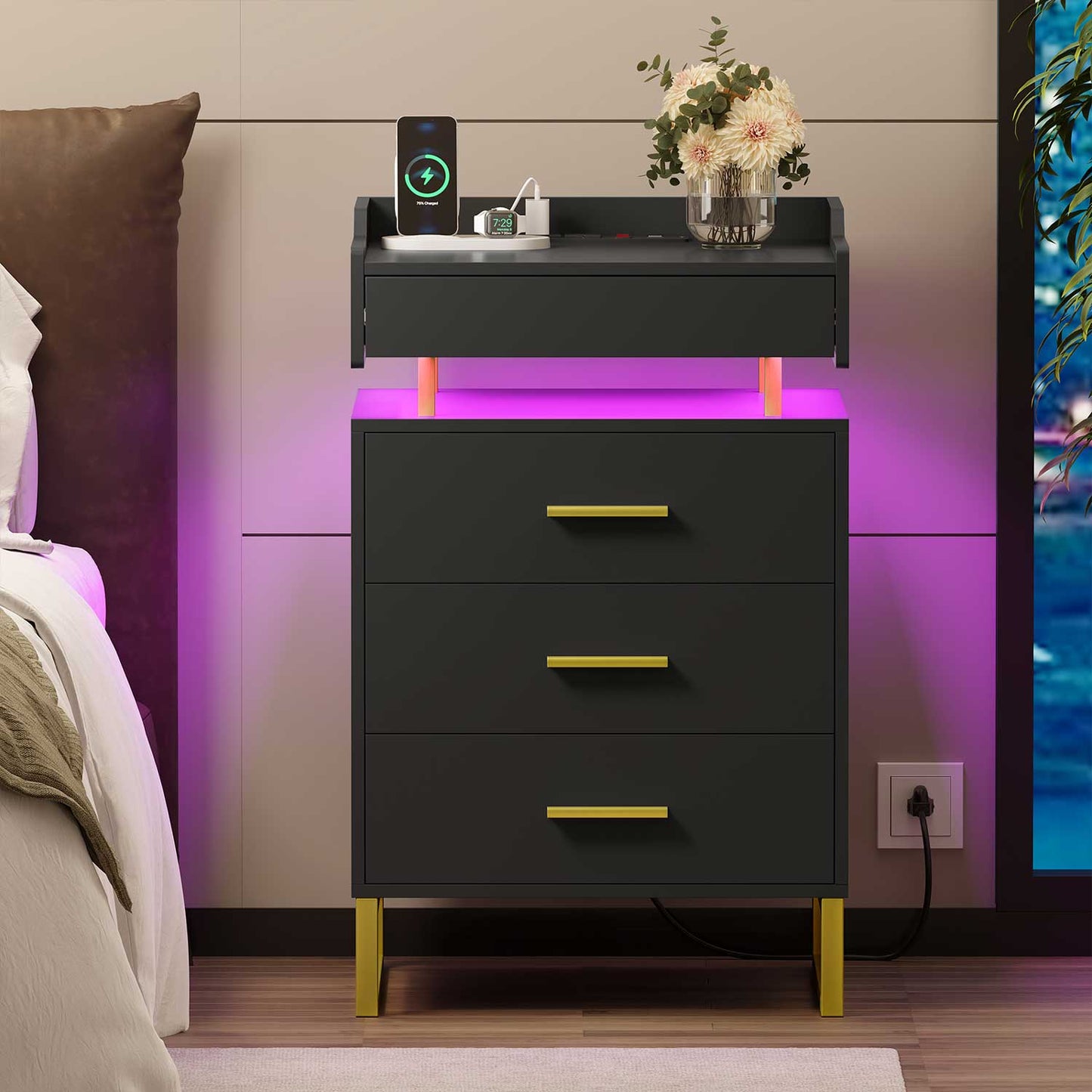 Hauoms Nightstand Black / Engineered Wood / Modern LED Nightstand with Pull-Out Tray Black and Gold
