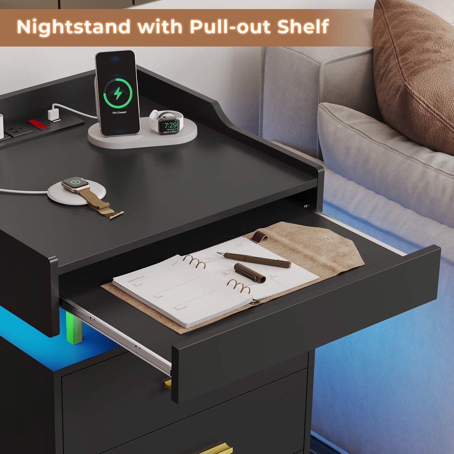 Hauoms Nightstand Black / Engineered Wood / Modern LED Nightstand with Pull-Out Tray Black and Gold