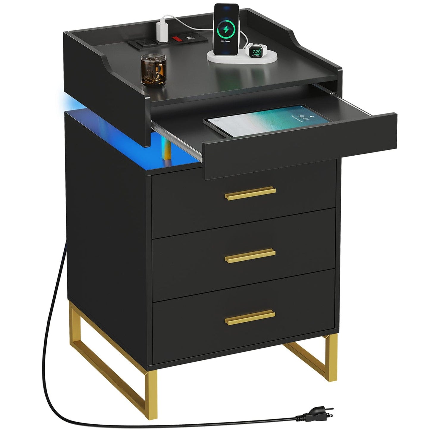 Hauoms Nightstand Black / Engineered Wood / Modern LED Nightstand with Pull-Out Tray Black and Gold