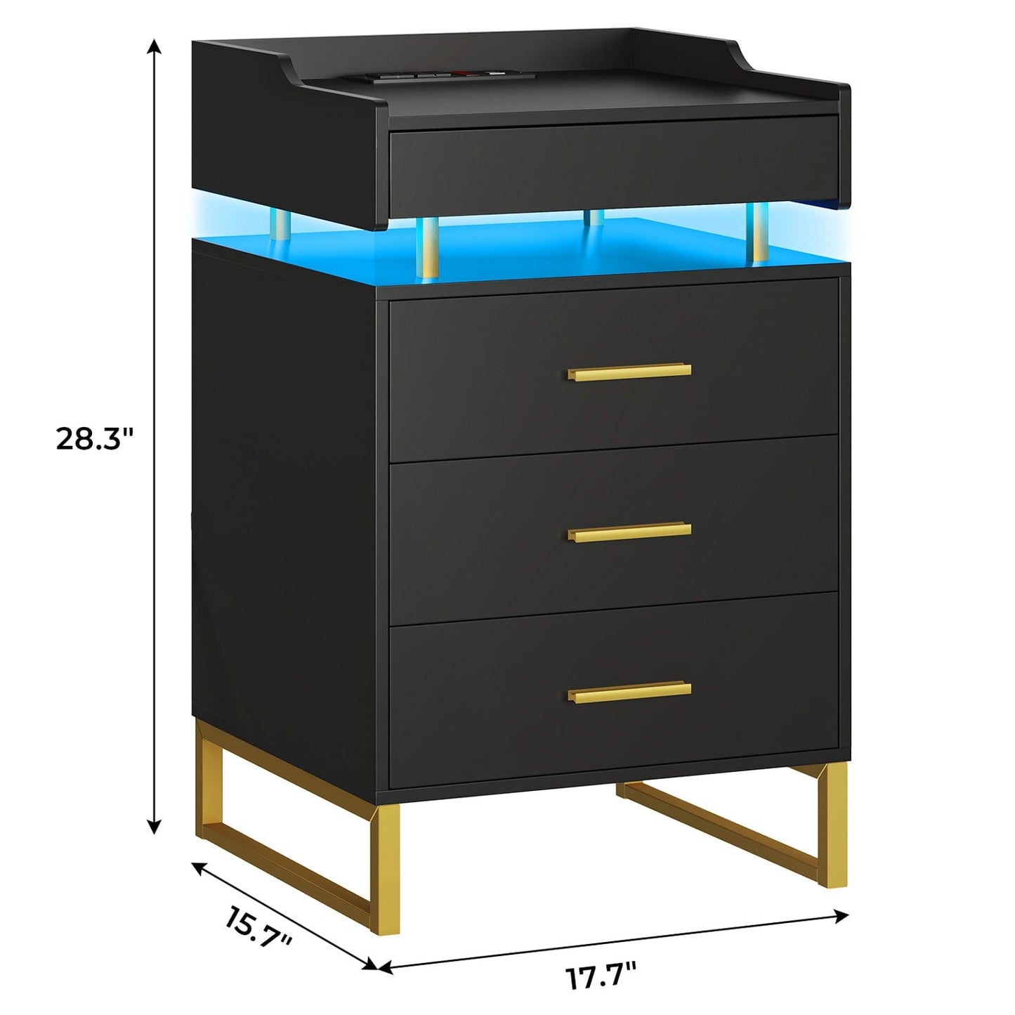 Hauoms Nightstand Black / Engineered Wood / Modern LED Nightstand with Pull-Out Tray Black and Gold