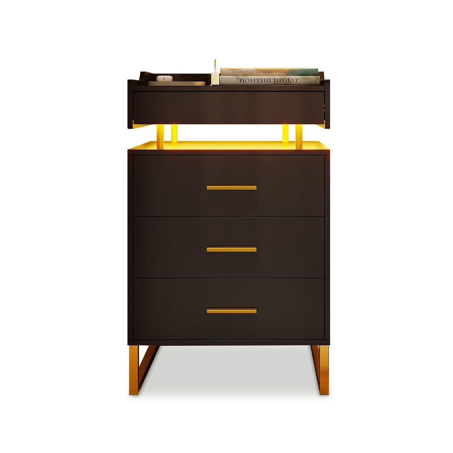 HAUOMS Nightstand Black / Engineered Wood / Modern LED Nightstand with Pull-Out Tray Black & Gold
