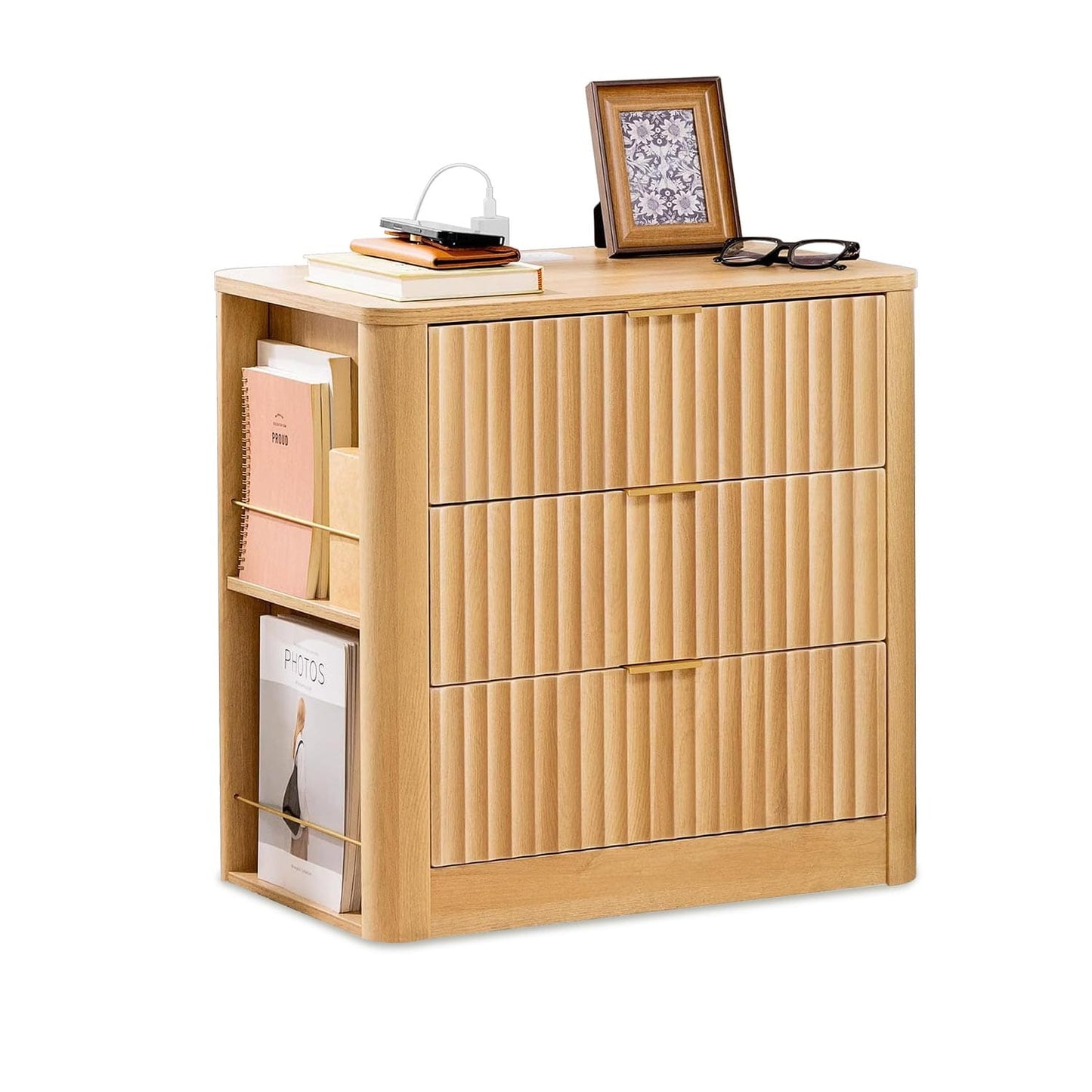 HAUOMS Nightstand Natural Fluted Nightstand with Charging Station Oak