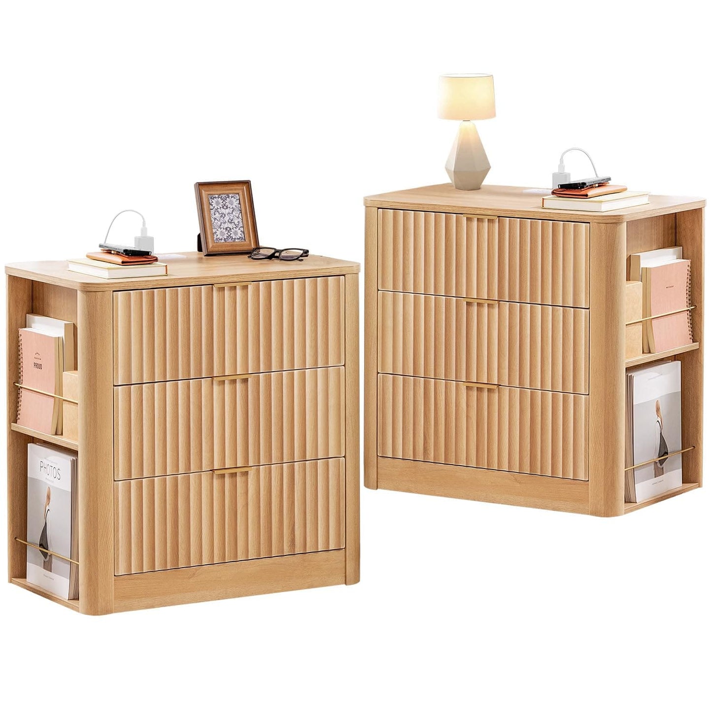 HAUOMS Nightstand Oak Fluted Nightstand with Charging Station Oak