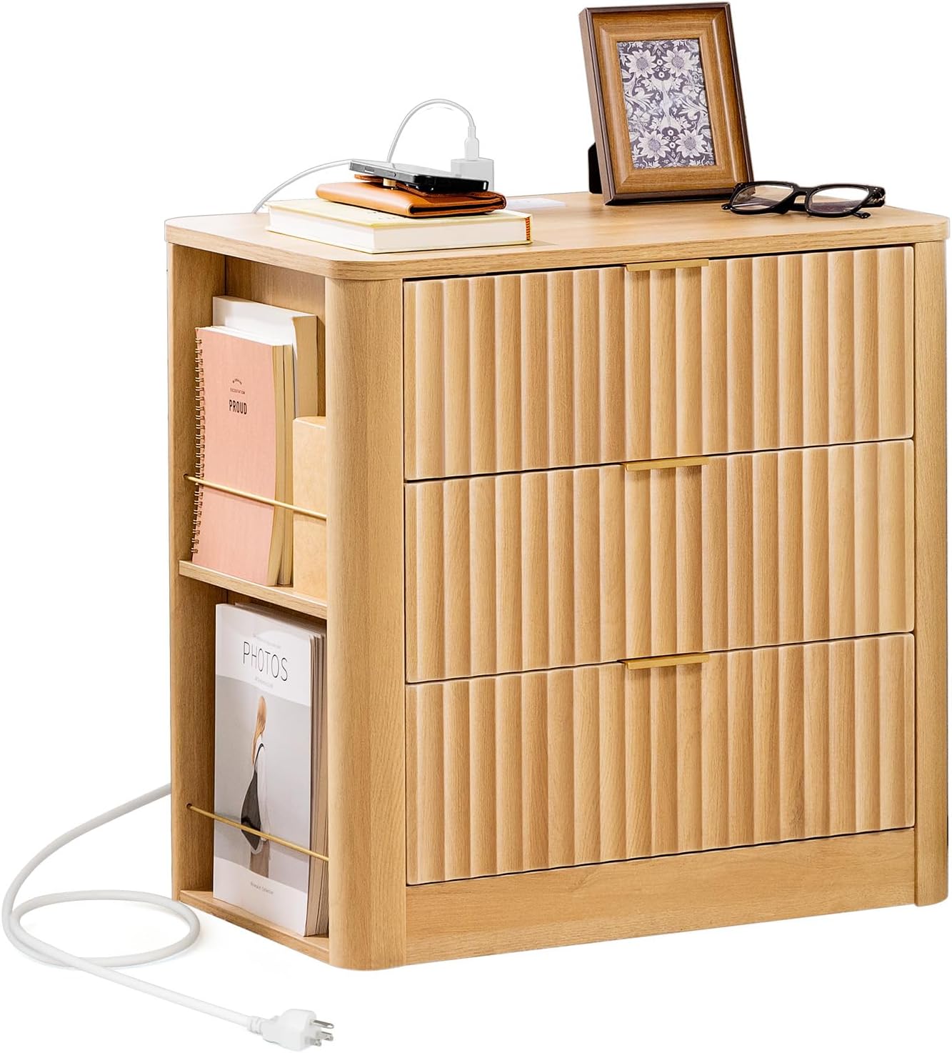 HAUOMS Nightstand Oak Fluted Nightstand with Charging Station Oak