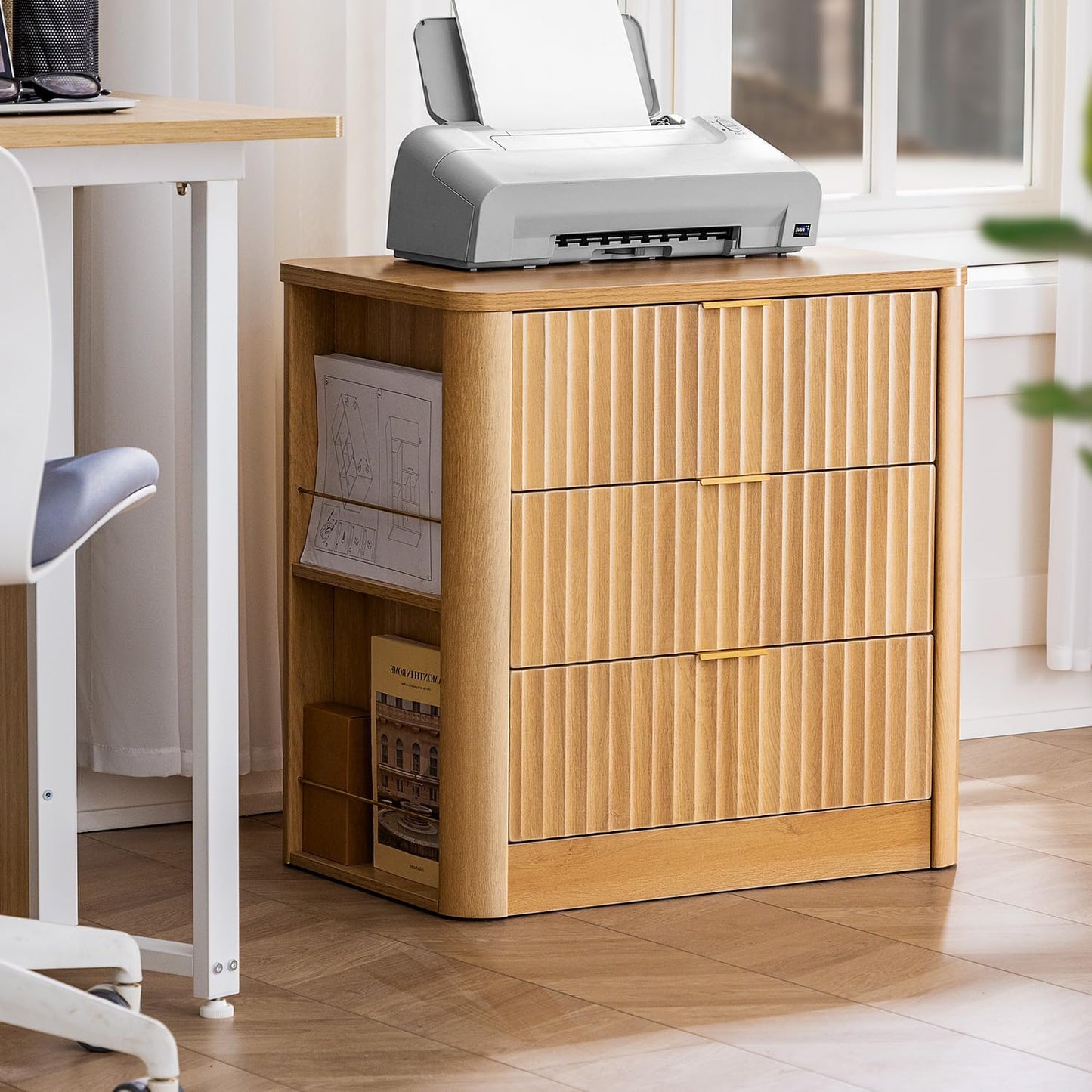 HAUOMS Nightstand Oak Fluted Nightstand with Charging Station Oak