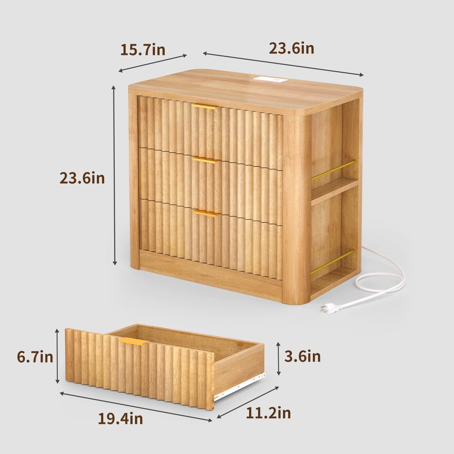 HAUOMS Nightstand Oak Fluted Nightstand with Charging Station Oak