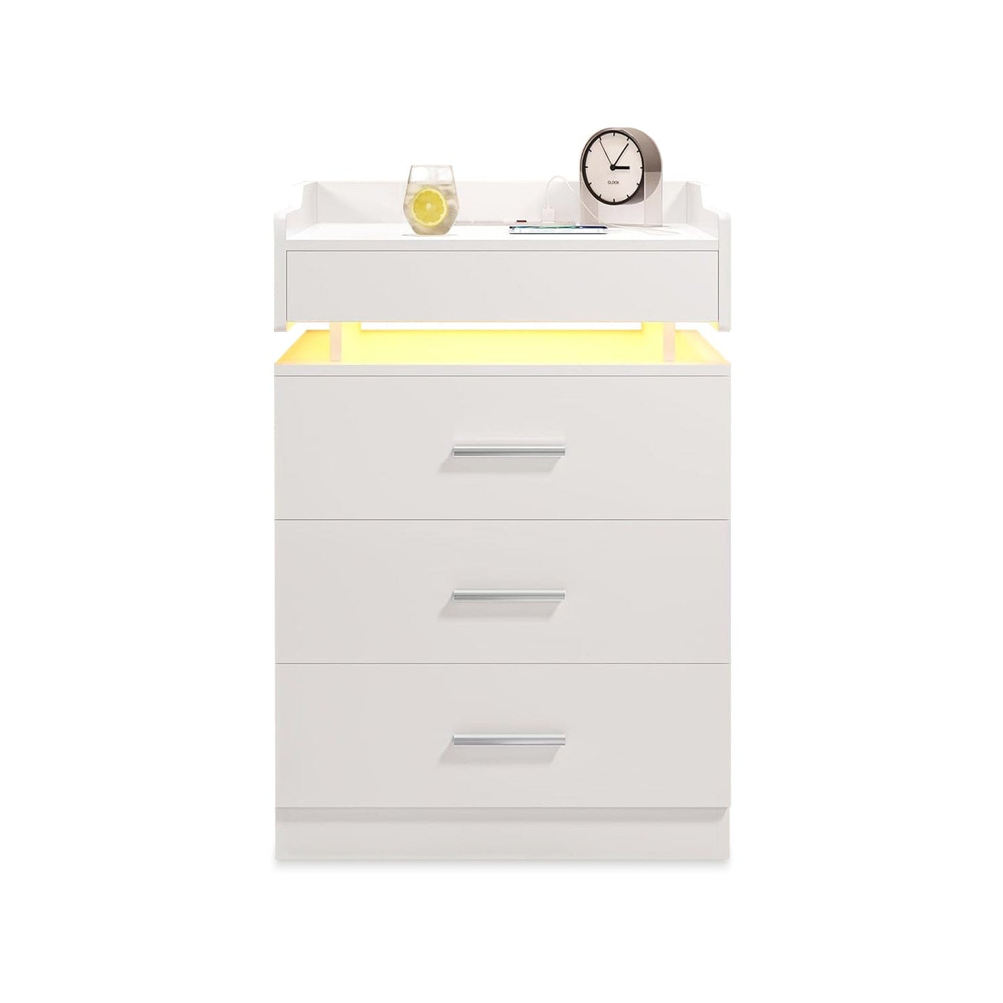 HAUOMS Nightstand White / Engineered Wood / Modern LED Nightstand with Charging Station White