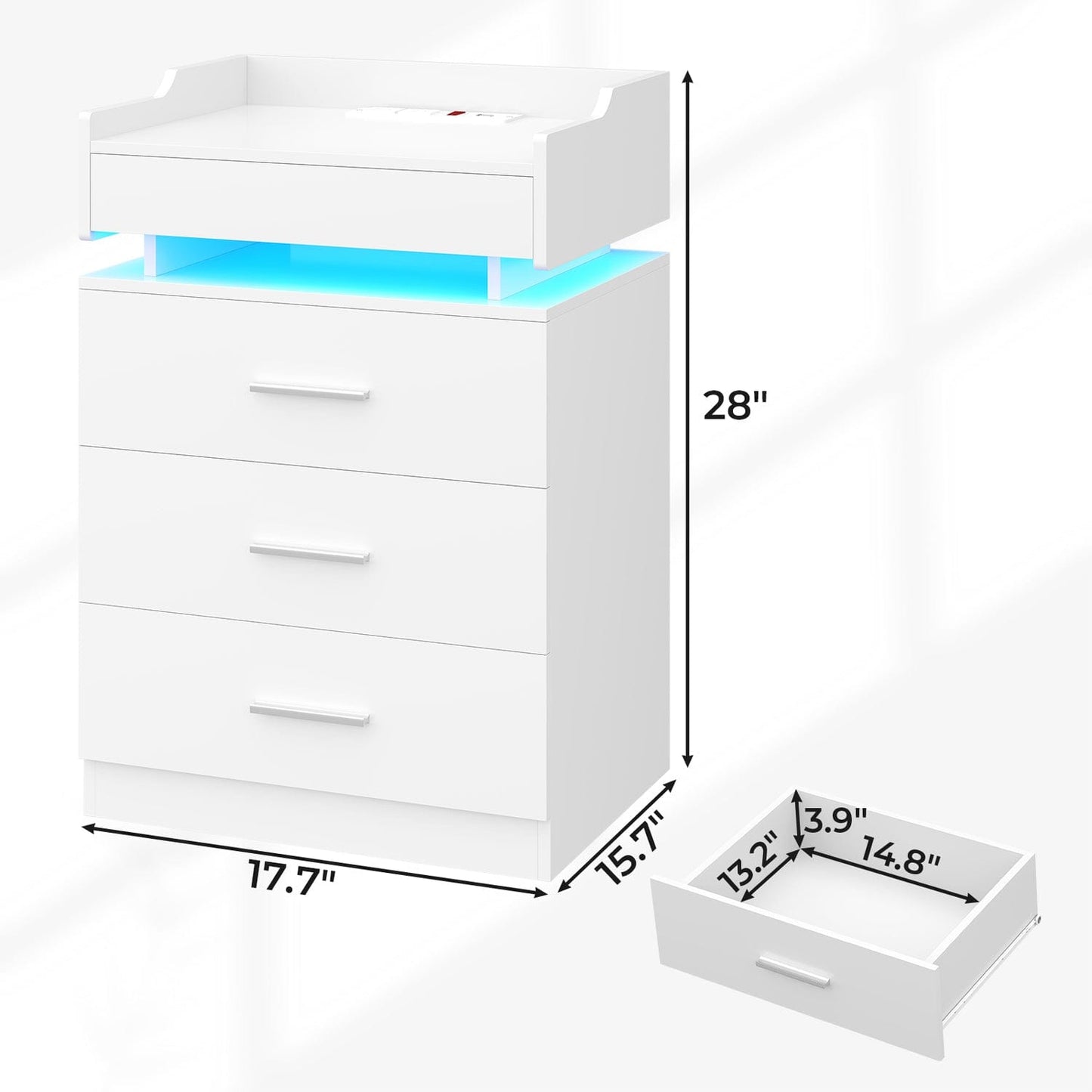 Hauoms Nightstand White / Engineered Wood / Modern LED Nightstand with Charging Station White
