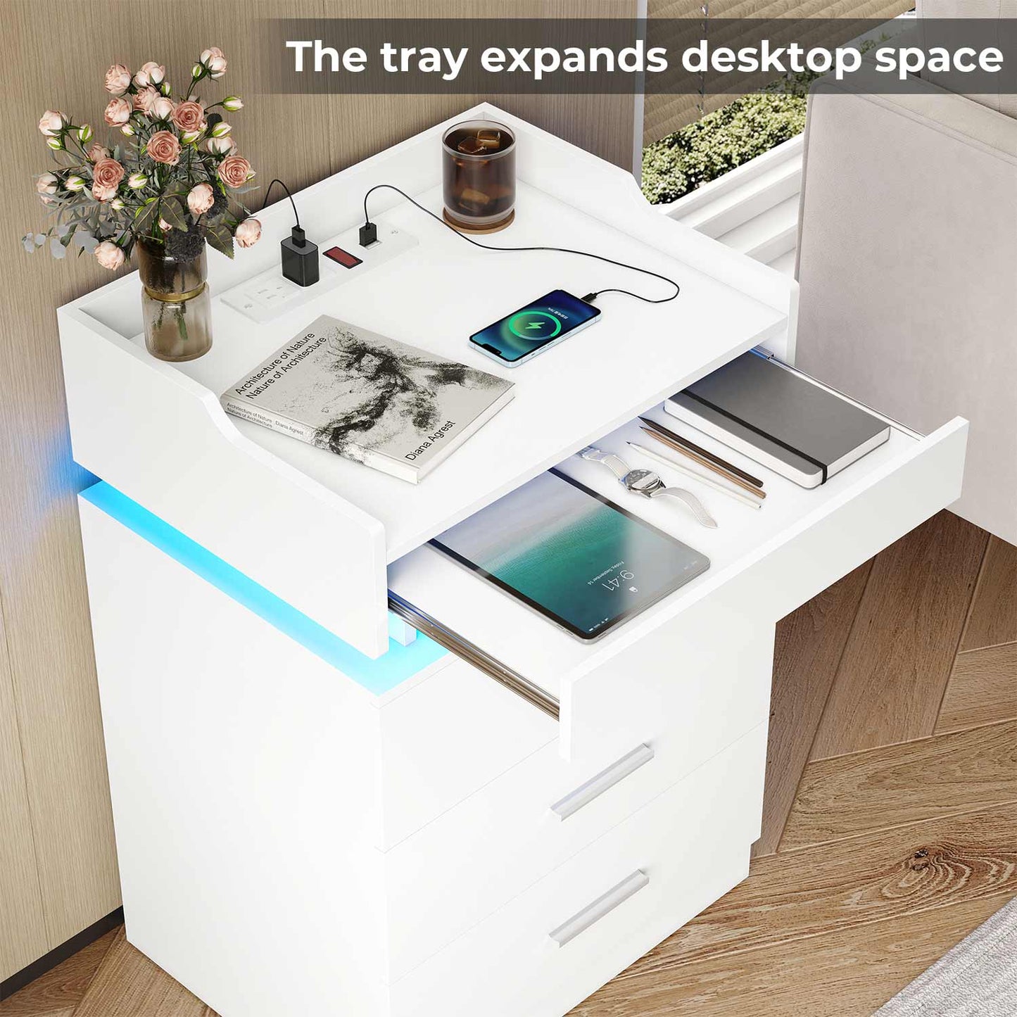Hauoms Nightstand White / Engineered Wood / Modern LED Nightstand with Charging Station White