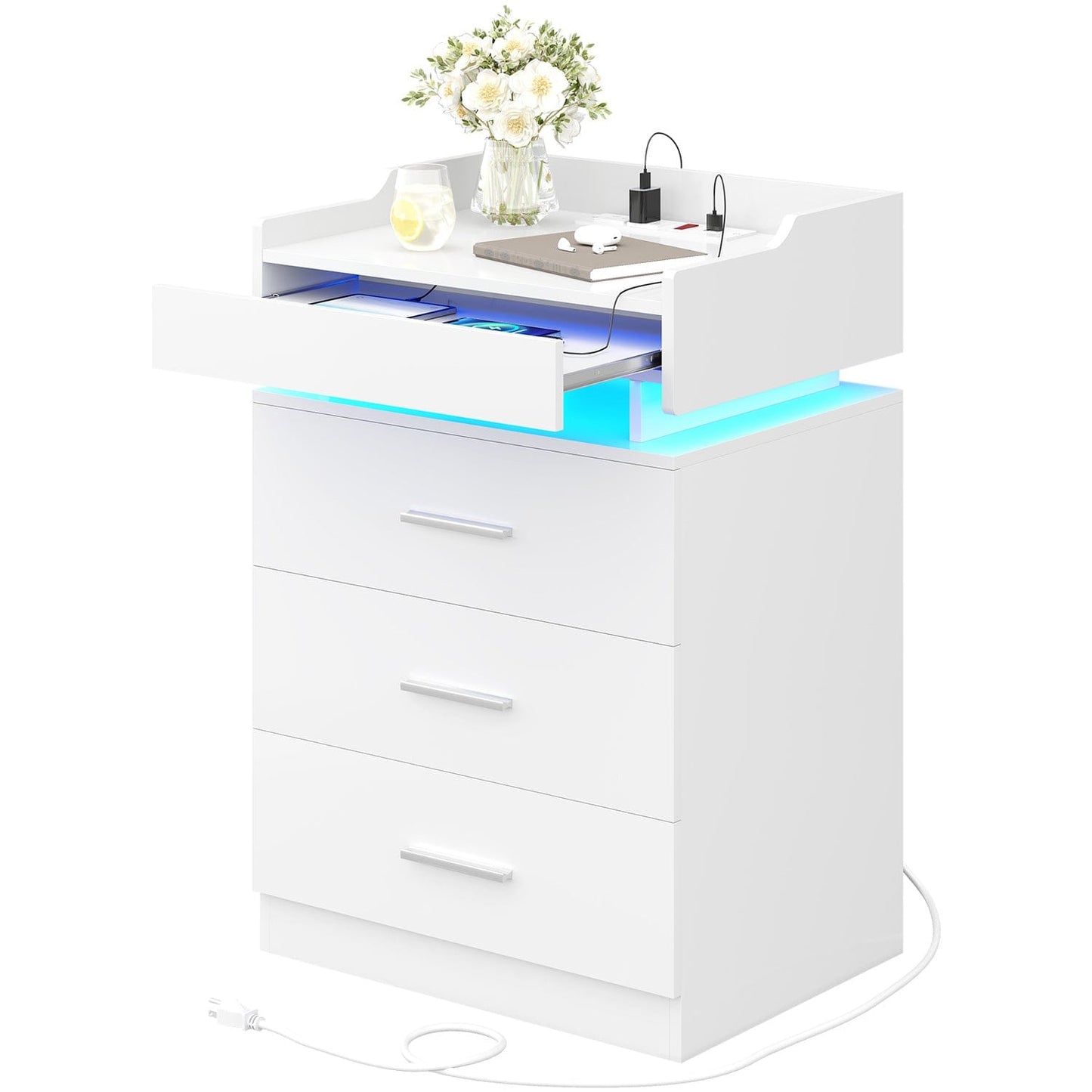 Hauoms Nightstand White / Engineered Wood / Modern LED Nightstand with Charging Station White