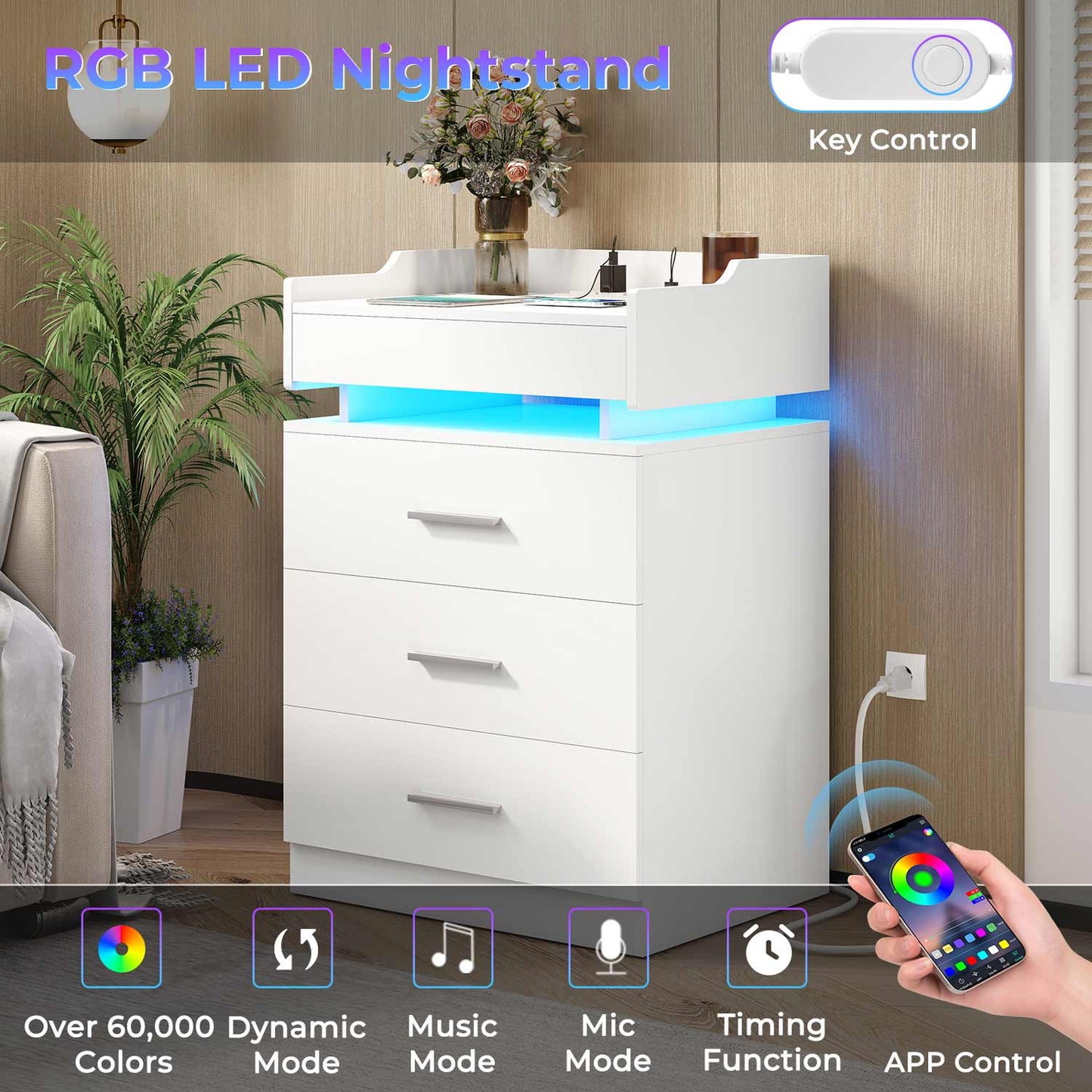Hauoms Nightstand White / Engineered Wood / Modern LED Nightstand with Charging Station White