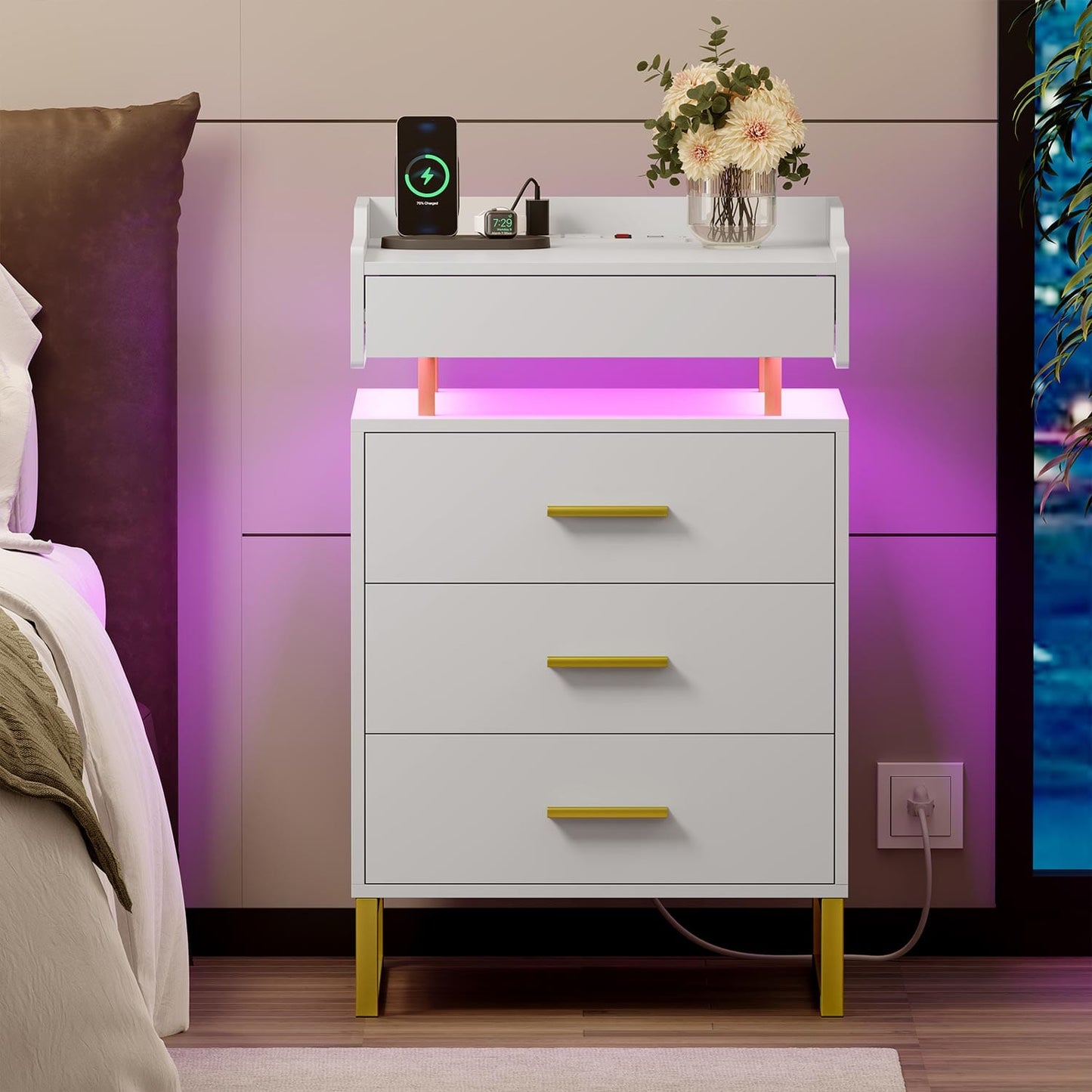 Hauoms Nightstand White / Engineered Wood / Modern LED Nightstand with Pull-Out Tray White and Gold