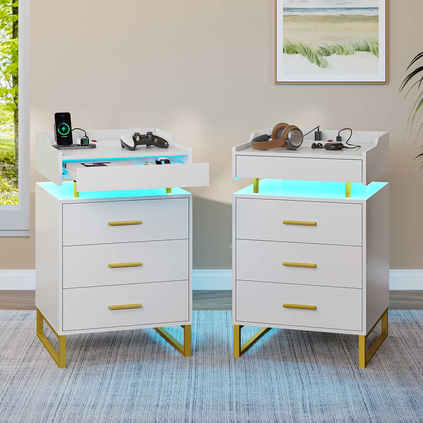 Hauoms Nightstand White / Engineered Wood / Modern LED Nightstand with Pull-Out Tray White and Gold