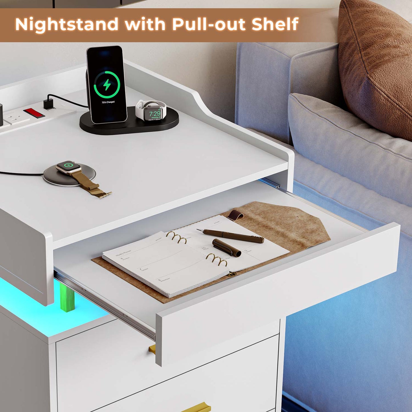 Hauoms Nightstand White / Engineered Wood / Modern LED Nightstand with Pull-Out Tray White and Gold