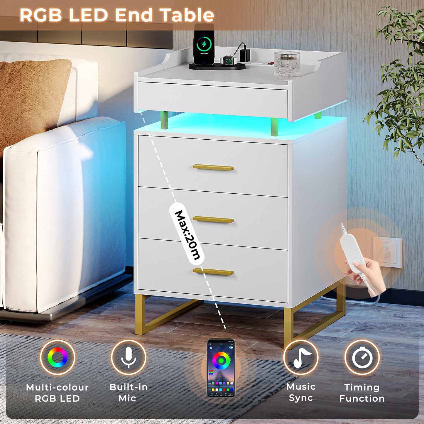 Hauoms Nightstand White / Engineered Wood / Modern LED Nightstand with Pull-Out Tray White and Gold