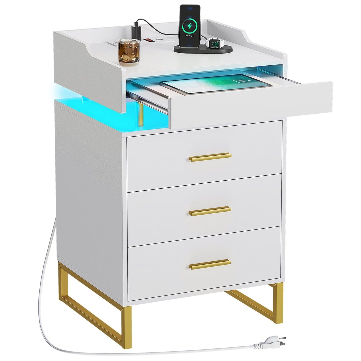 Hauoms Nightstand White / Engineered Wood / Modern LED Nightstand with Pull-Out Tray White and Gold