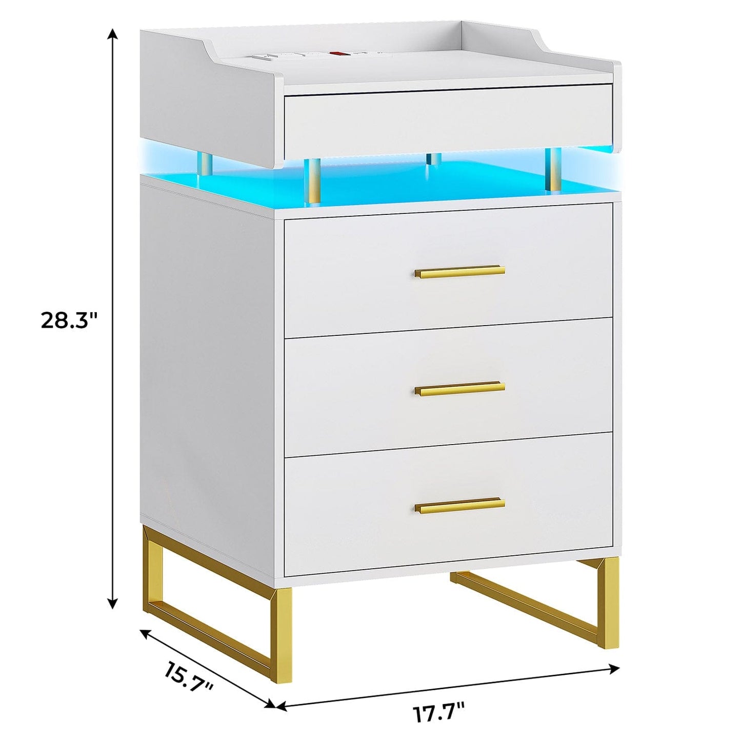 Hauoms Nightstand White / Engineered Wood / Modern LED Nightstand with Pull-Out Tray White and Gold