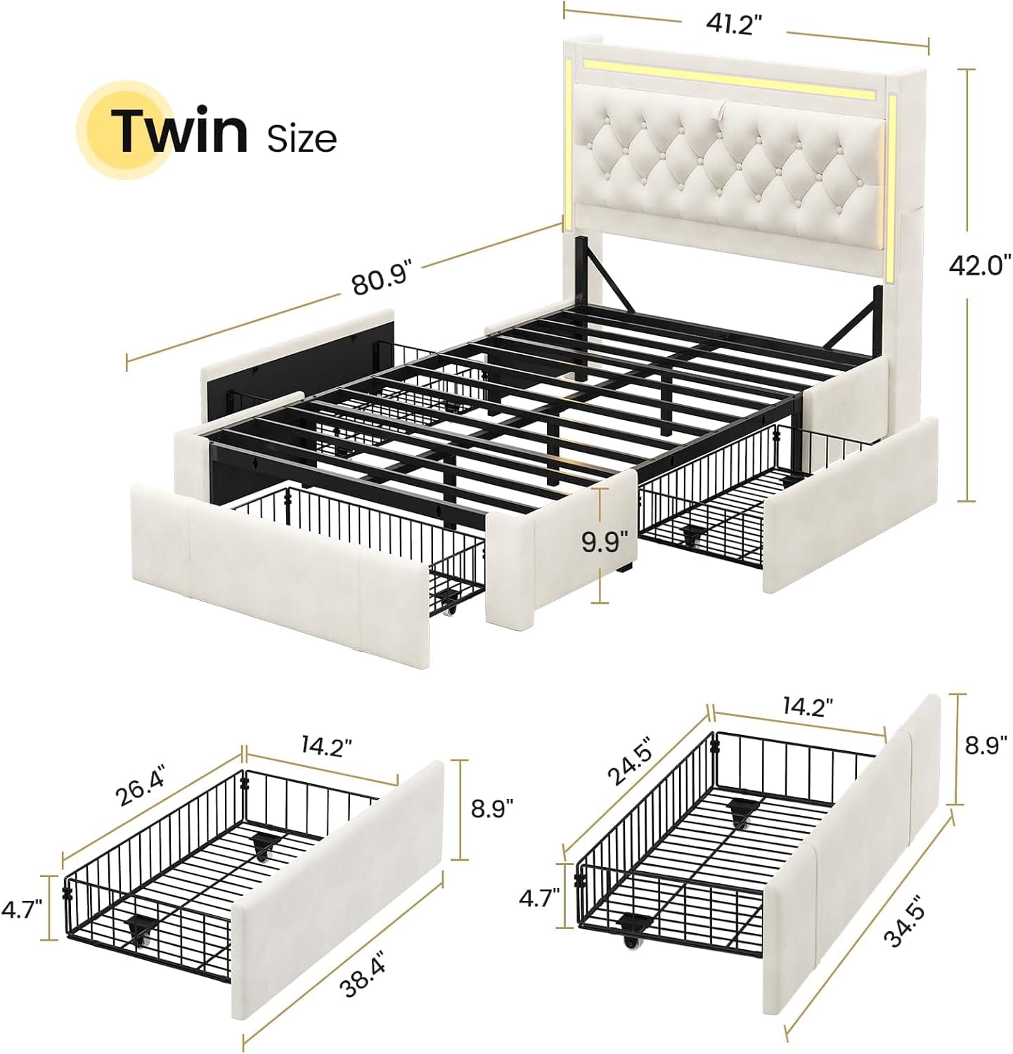 HAUOMS Queen Upholstered LED Bed Frame with 3 Drawers, Velvet Hidden Storage Headboard with Charging Station, Button Tufted Headboard and Heavy Duty Metal Slats Support, No Box Spring Needed, Beige