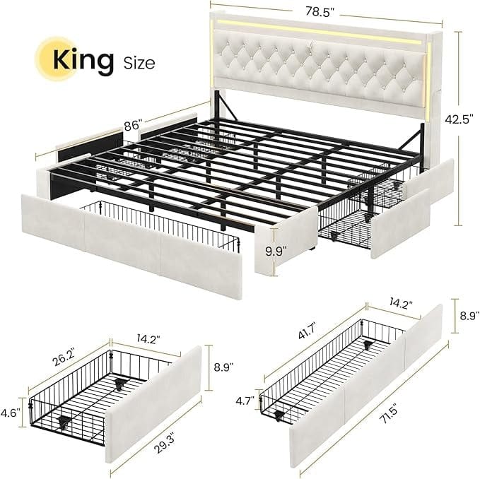 HAUOMS Queen Upholstered LED Bed Frame with 3 Drawers, Velvet Hidden Storage Headboard with Charging Station, Button Tufted Headboard and Heavy Duty Metal Slats Support, No Box Spring Needed, Beige