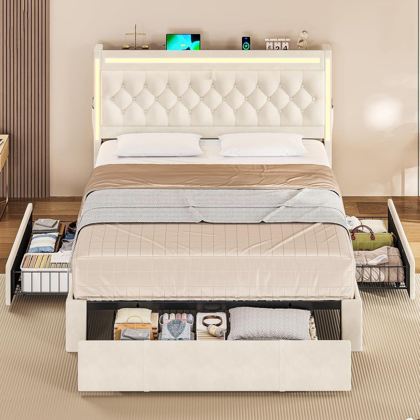 HAUOMS Queen Upholstered LED Bed Frame with 3 Drawers, Velvet Hidden Storage Headboard with Charging Station, Button Tufted Headboard and Heavy Duty Metal Slats Support, No Box Spring Needed, Beige