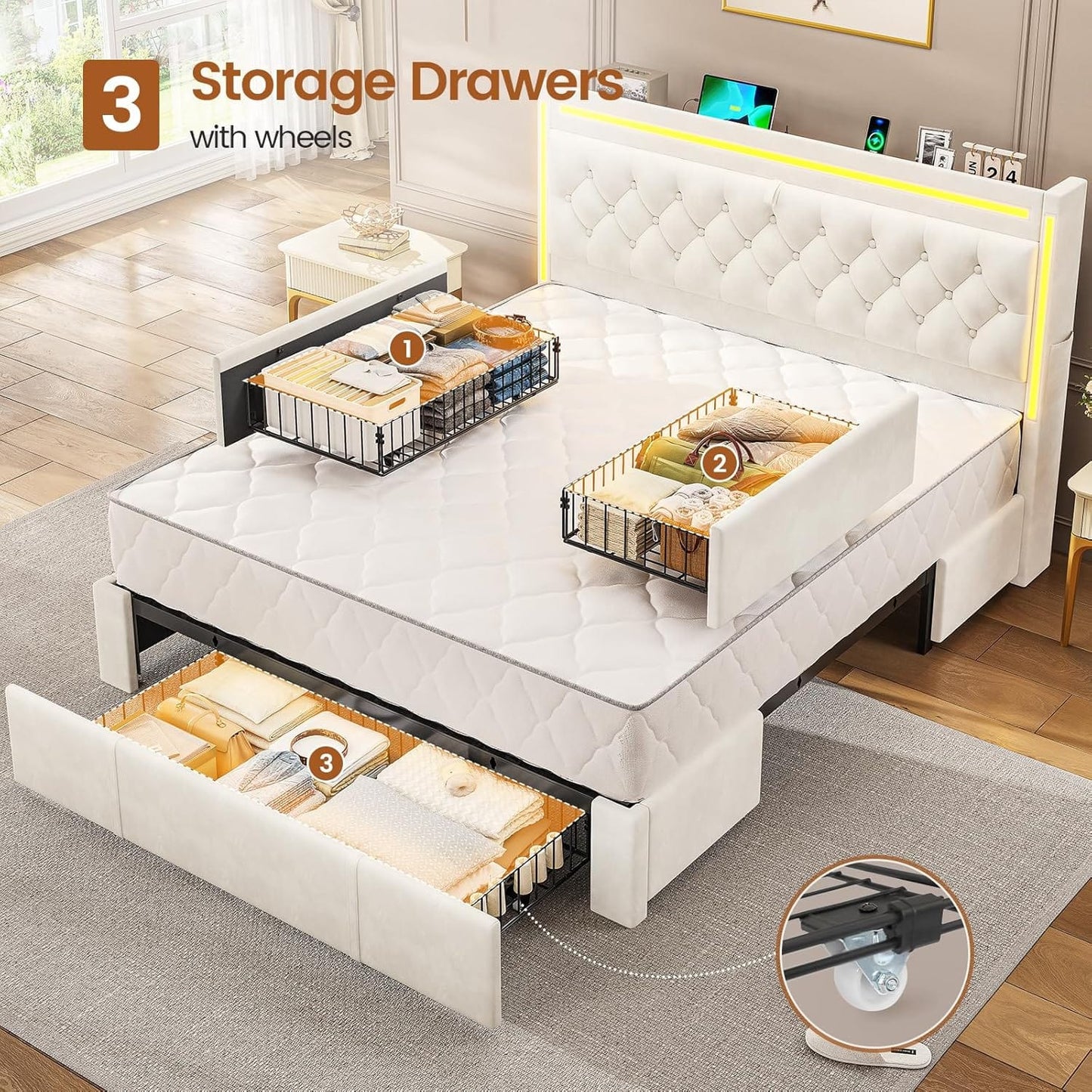HAUOMS Queen Upholstered LED Bed Frame with 3 Drawers, Velvet Hidden Storage Headboard with Charging Station, Button Tufted Headboard and Heavy Duty Metal Slats Support, No Box Spring Needed, Beige