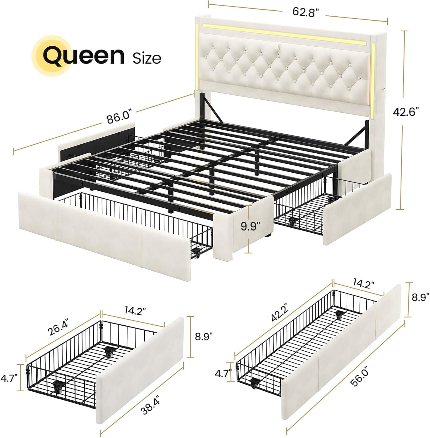 HAUOMS Queen Upholstered LED Bed Frame with 3 Drawers, Velvet Hidden Storage Headboard with Charging Station, Button Tufted Headboard and Heavy Duty Metal Slats Support, No Box Spring Needed, Beige