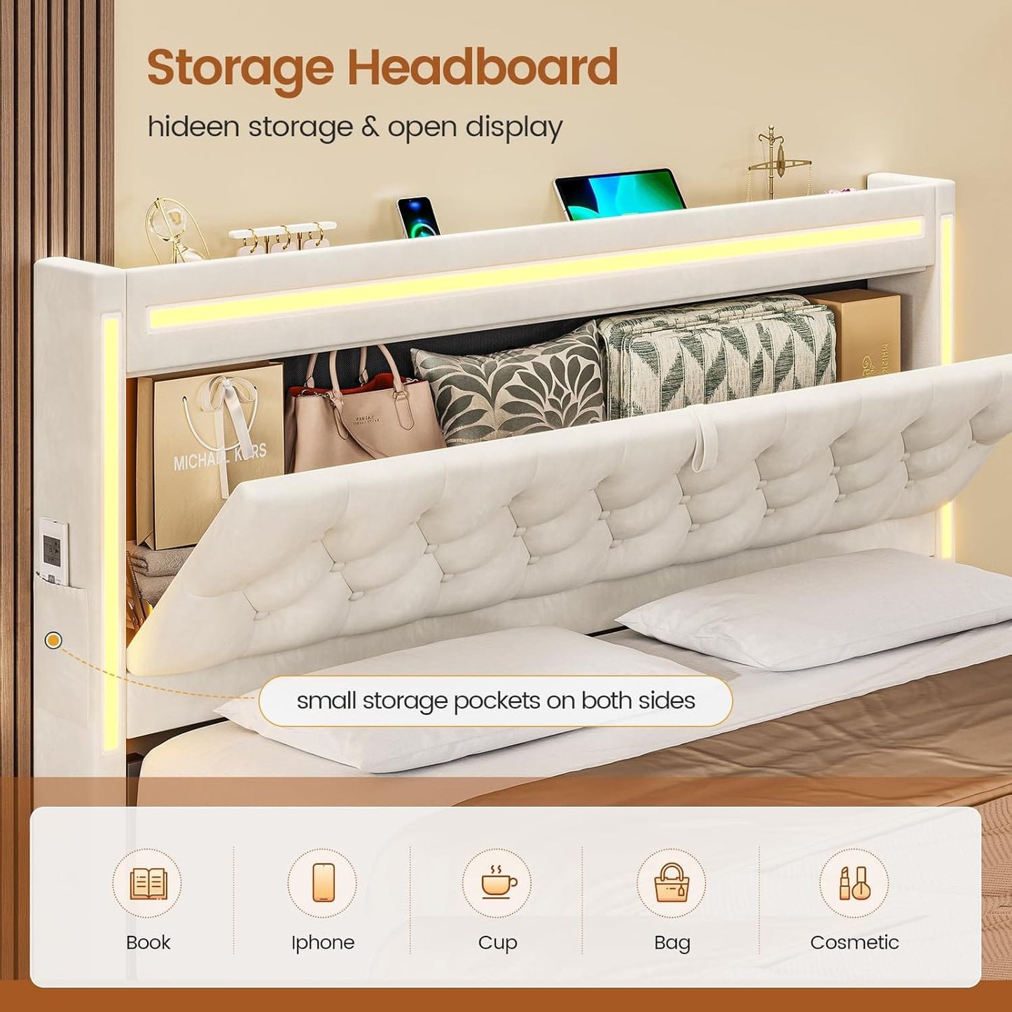 HAUOMS Queen Upholstered LED Bed Frame with 3 Drawers, Velvet Hidden Storage Headboard with Charging Station, Button Tufted Headboard and Heavy Duty Metal Slats Support, No Box Spring Needed, Beige