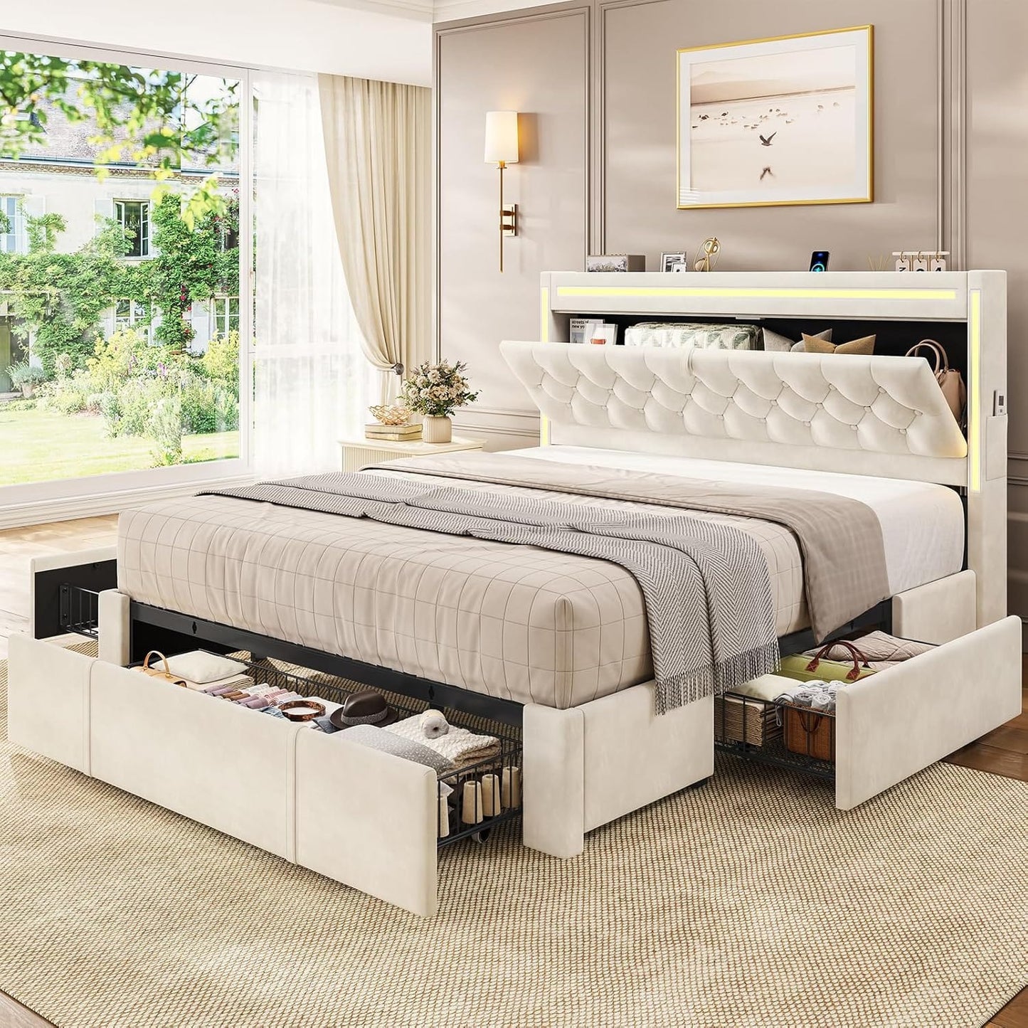 HAUOMS Queen Upholstered LED Bed Frame with 3 Drawers, Velvet Hidden Storage Headboard with Charging Station, Button Tufted Headboard and Heavy Duty Metal Slats Support, No Box Spring Needed, Beige