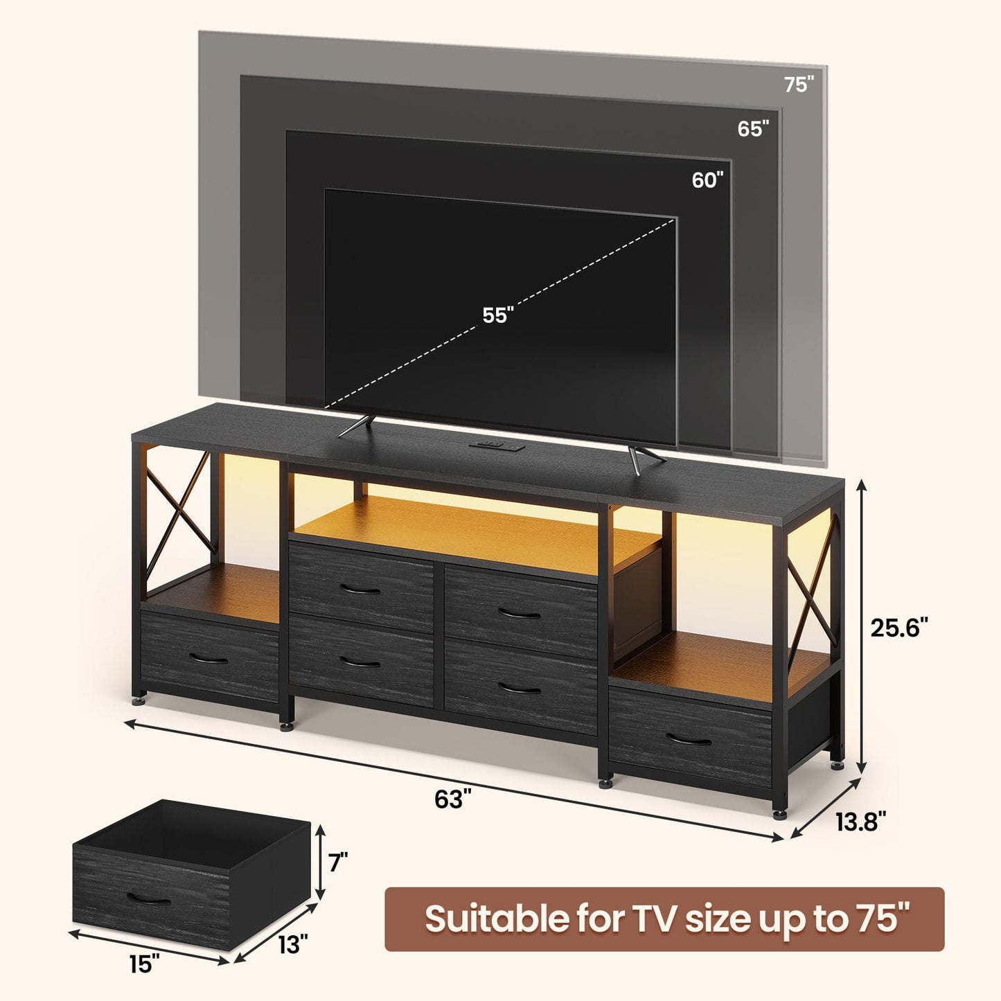 HAUOMS TV Stand HAUOMS 63" TV Stand with LED Light and Power Outlets Industrial TV Console Table with 6 Fabric Drawers and Open Shelves