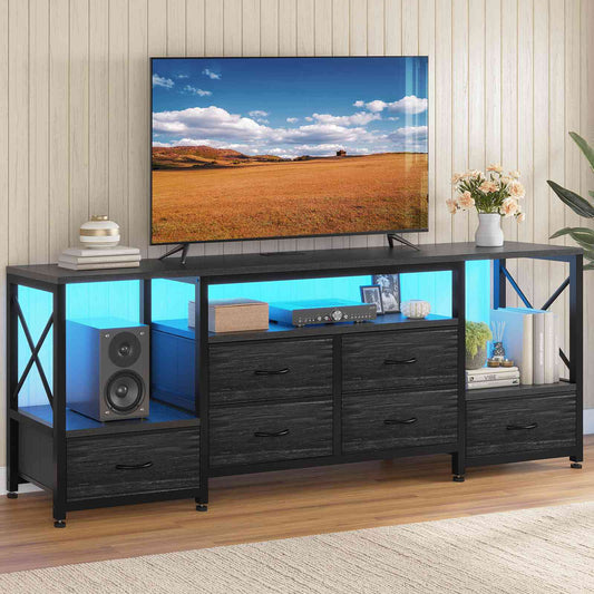 HAUOMS TV Stand HAUOMS 63" TV Stand with LED Light and Power Outlets Industrial TV Console Table with 6 Fabric Drawers and Open Shelves