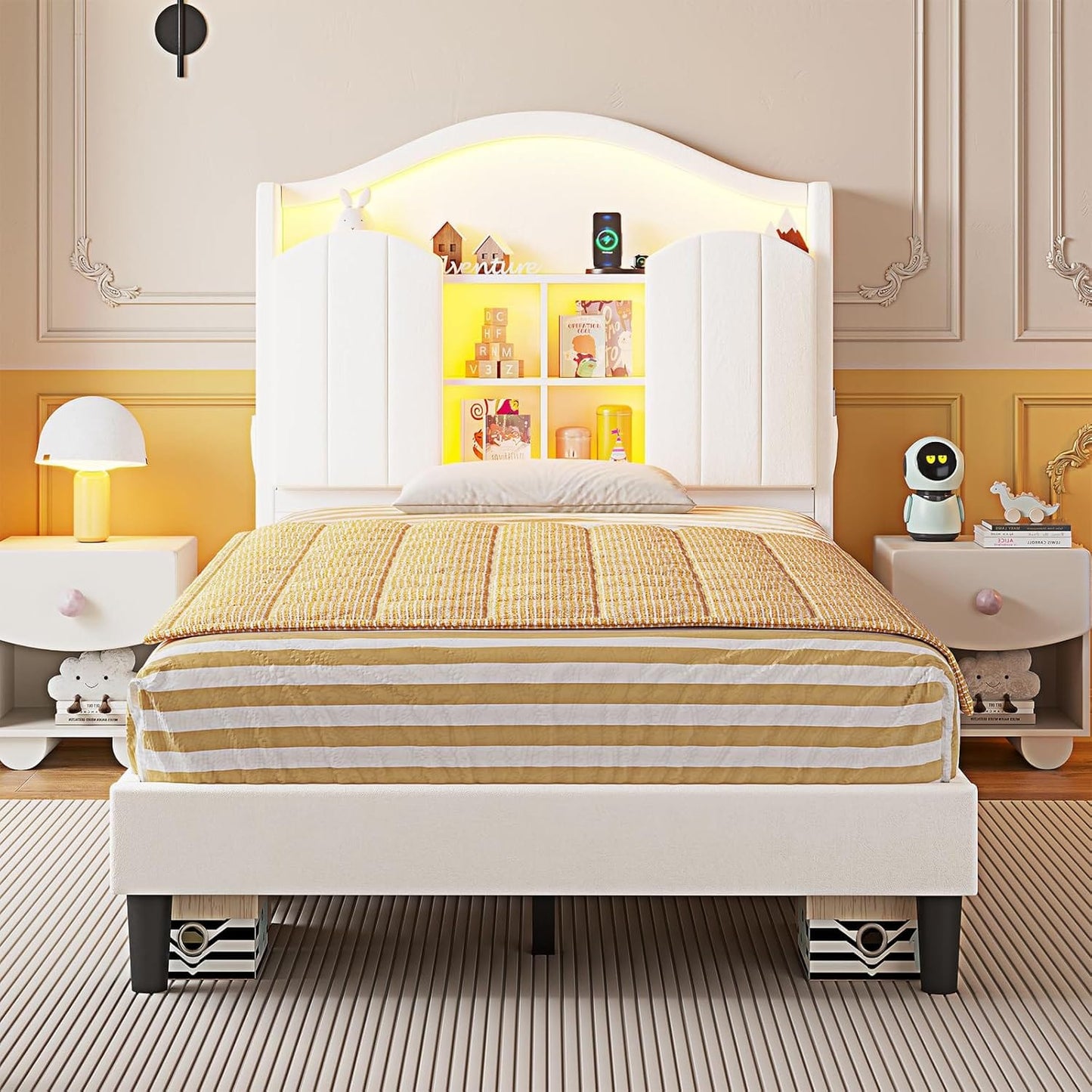 HAUOMS Twin Size Bed Frame with LED Lights White