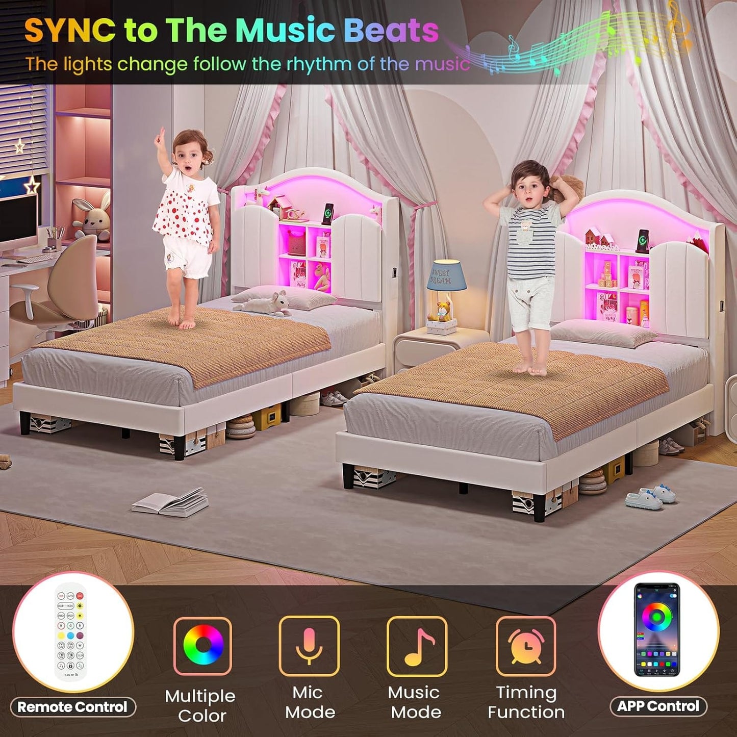 HAUOMS Twin Size Bed Frame with LED Lights White