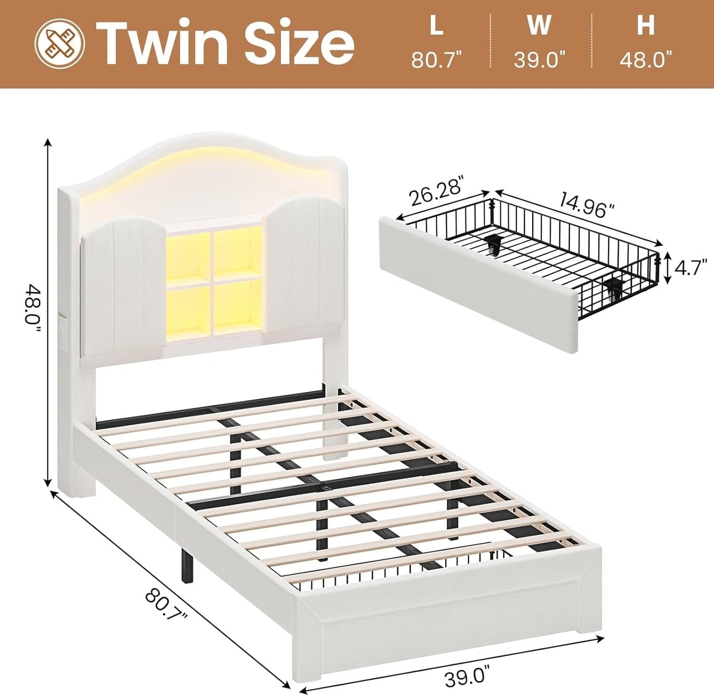 HAUOMS Twin Size Bed Frame with LED Lights White
