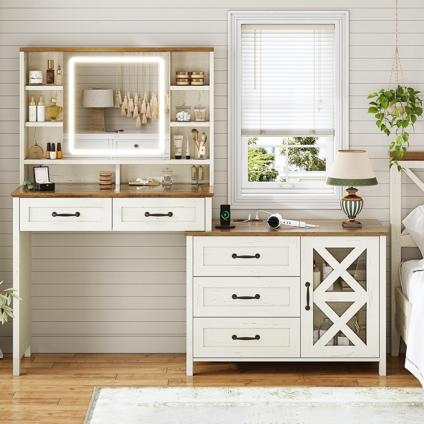 HAUOMS Vanity Antique White Farmhouse Makeup Vanity Antique White