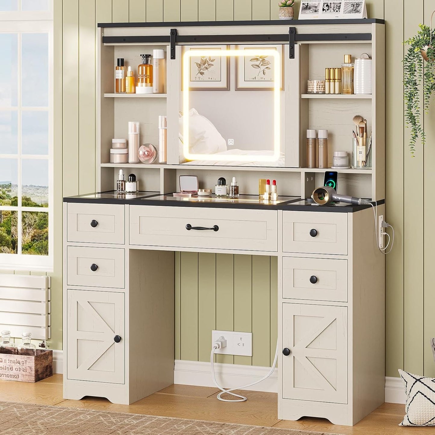 HAUOMS Vanity Antique White Farmhouse Vanity Desk Antique White