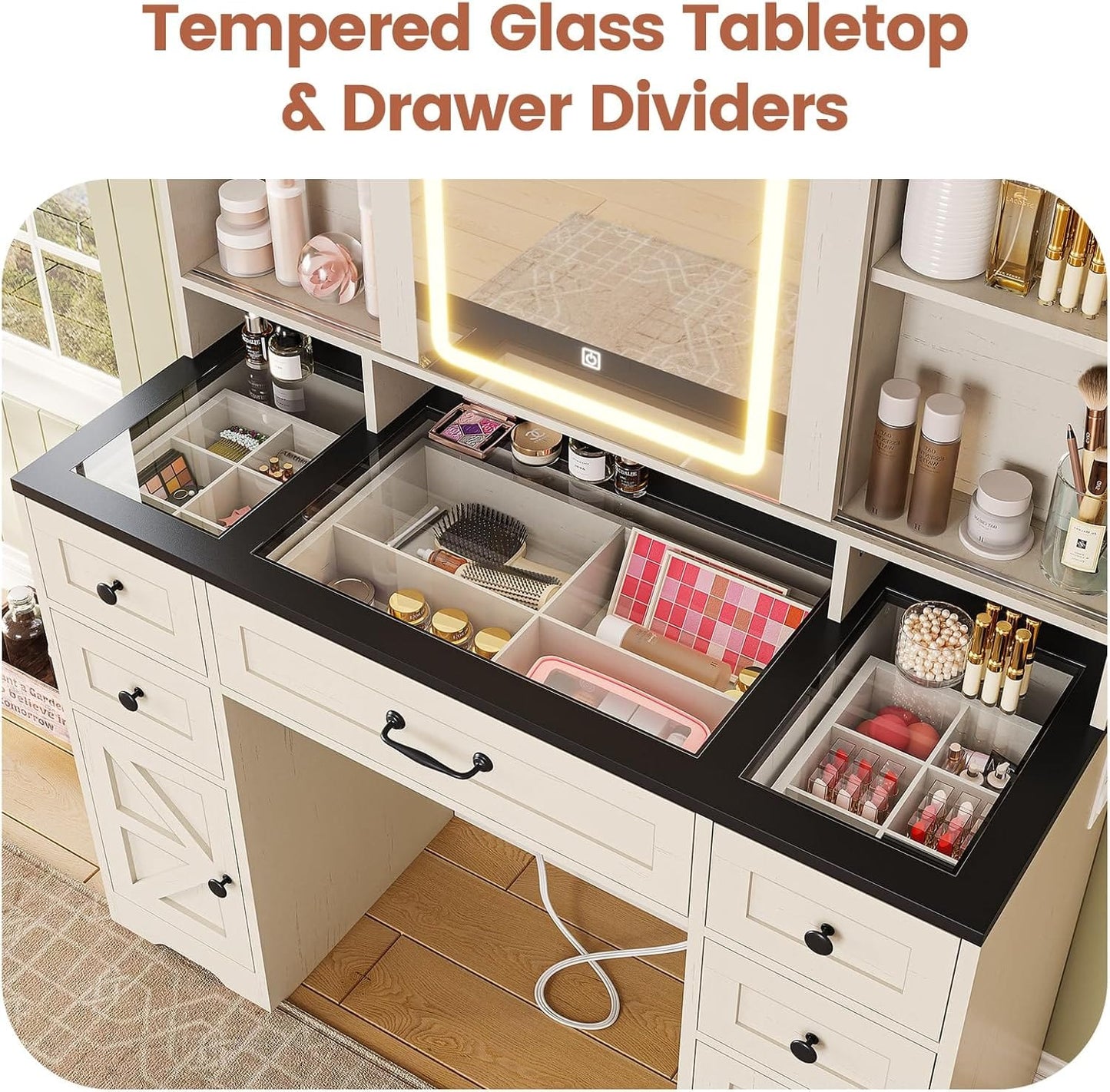 HAUOMS Vanity Antique White Farmhouse Vanity Desk Antique White